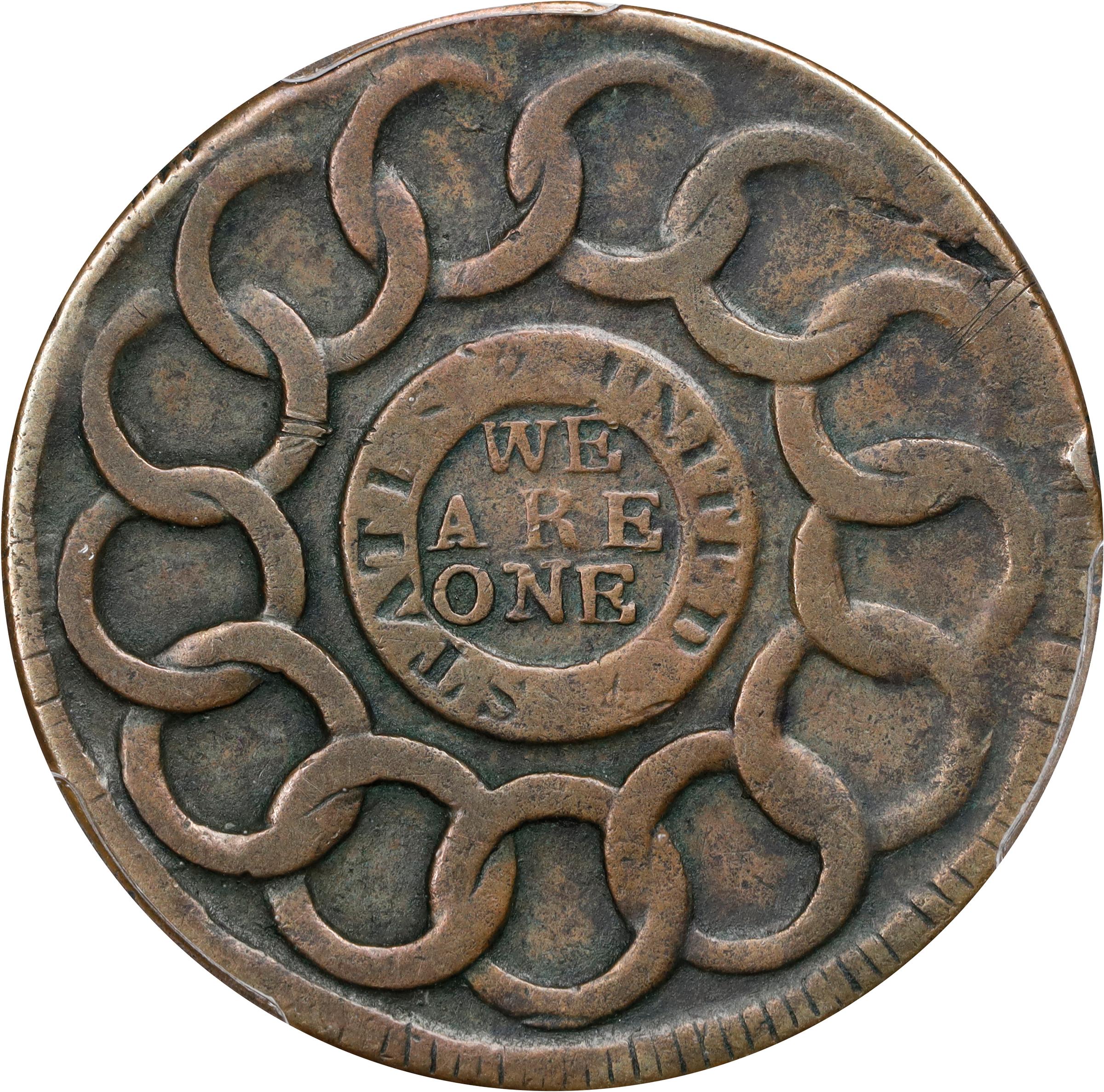 image for: 1787 Fugio Cent. Pointed Rays. Newman 19-M, W-6970. Rarity-5+. STATES UNITED, 4 Cinquefoils. VF-35 (PCGS).