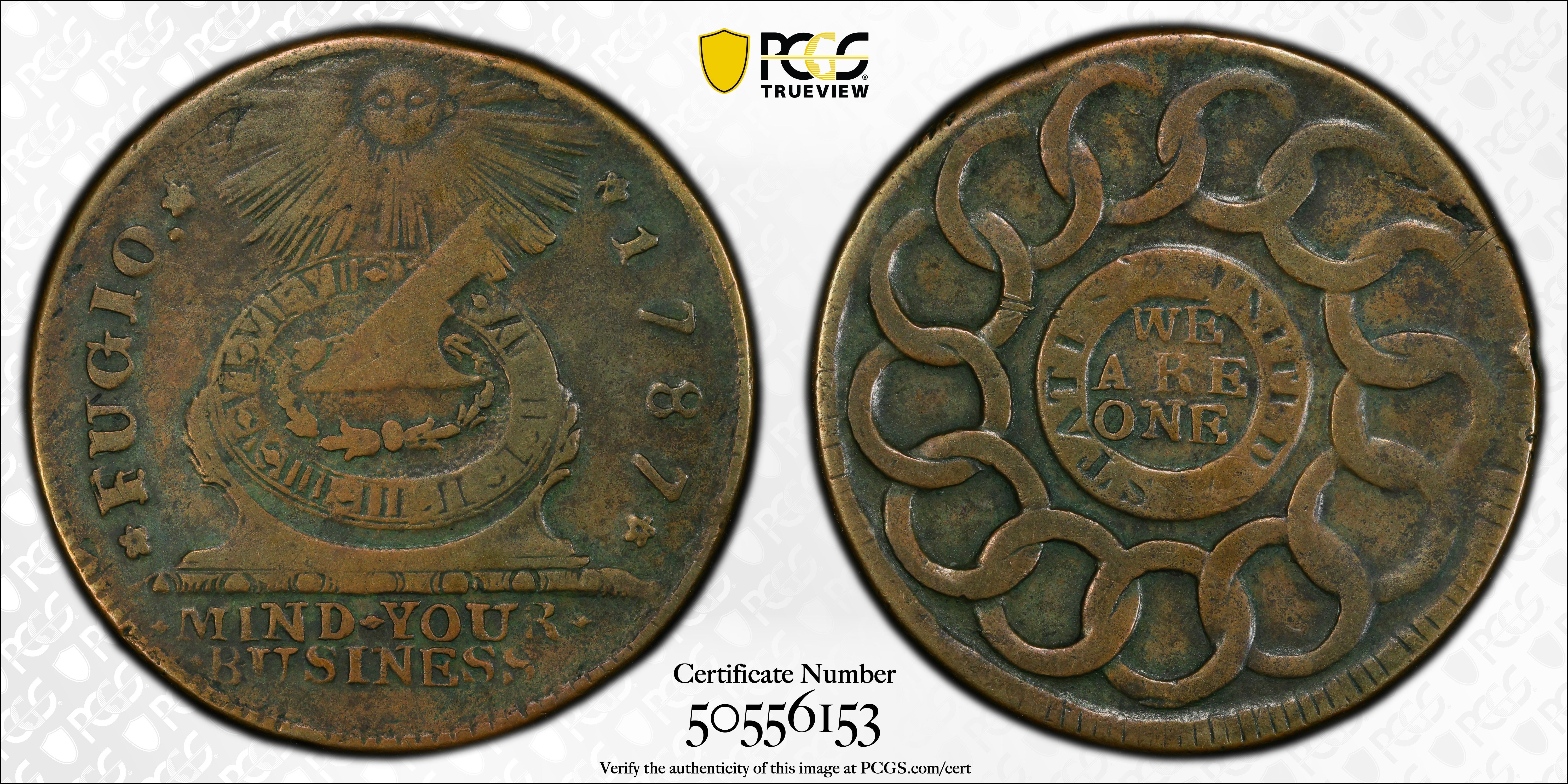 image for: 1787 Fugio Cent. Pointed Rays. Newman 19-M, W-6970. Rarity-5+. STATES UNITED, 4 Cinquefoils. VF-35 (PCGS).