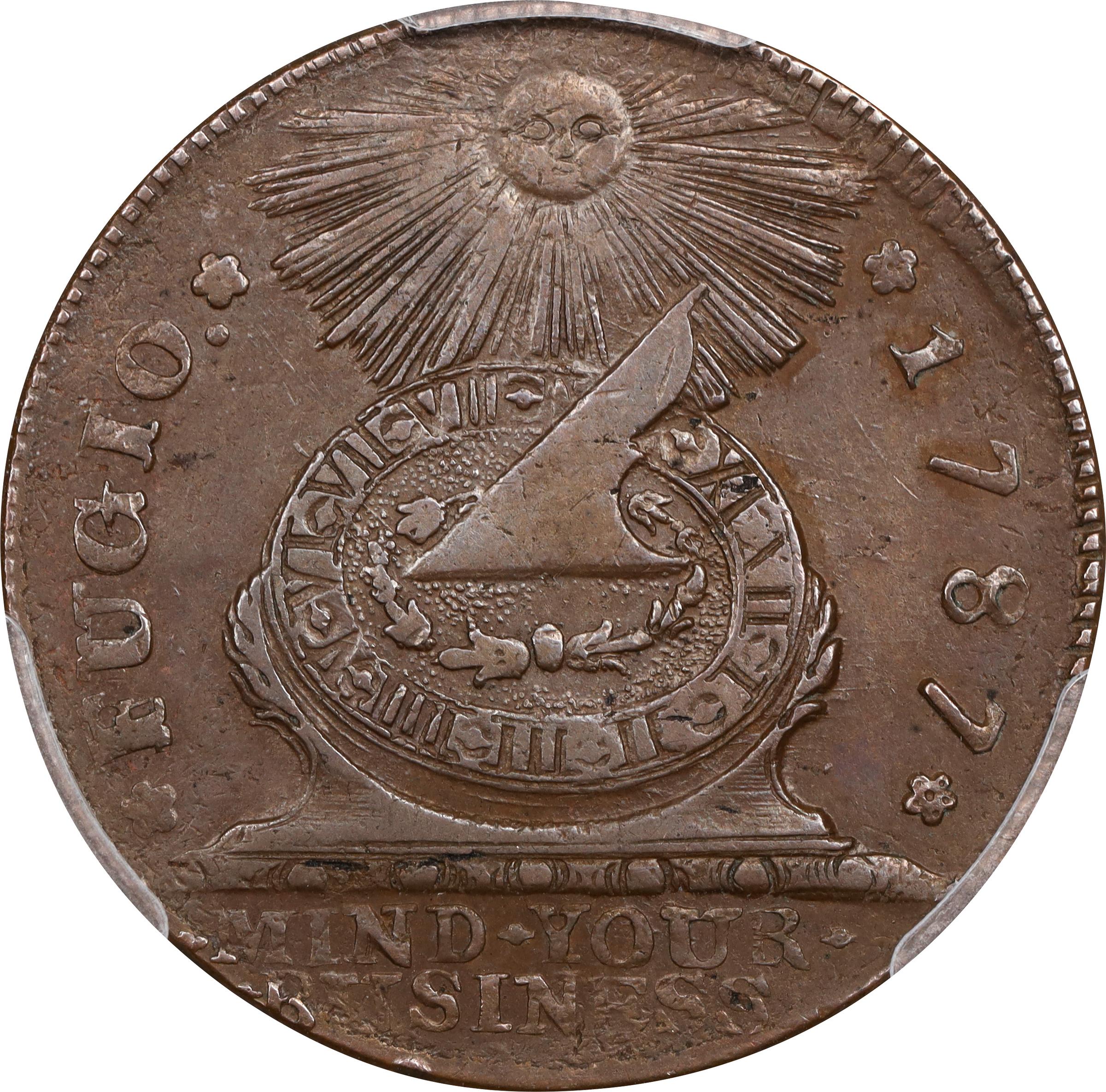 image for: 1787 Fugio Cent. Pointed Rays. Newman 19-Z, W-6975. Rarity-4. STATES UNITED, Label with Raised Rims. AU-53 (PCGS).