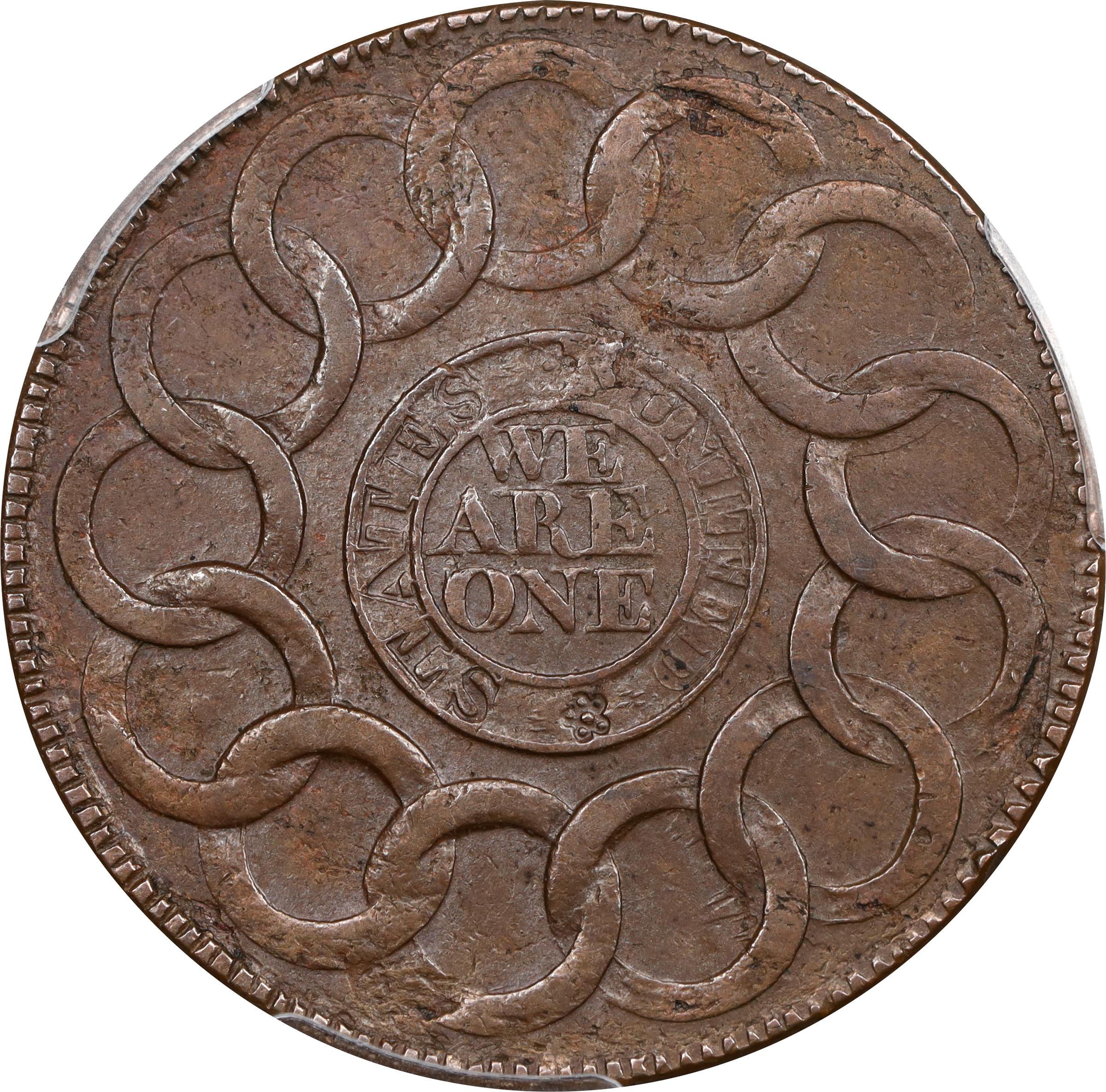 image for: 1787 Fugio Cent. Pointed Rays. Newman 19-Z, W-6975. Rarity-4. STATES UNITED, Label with Raised Rims. AU-53 (PCGS).