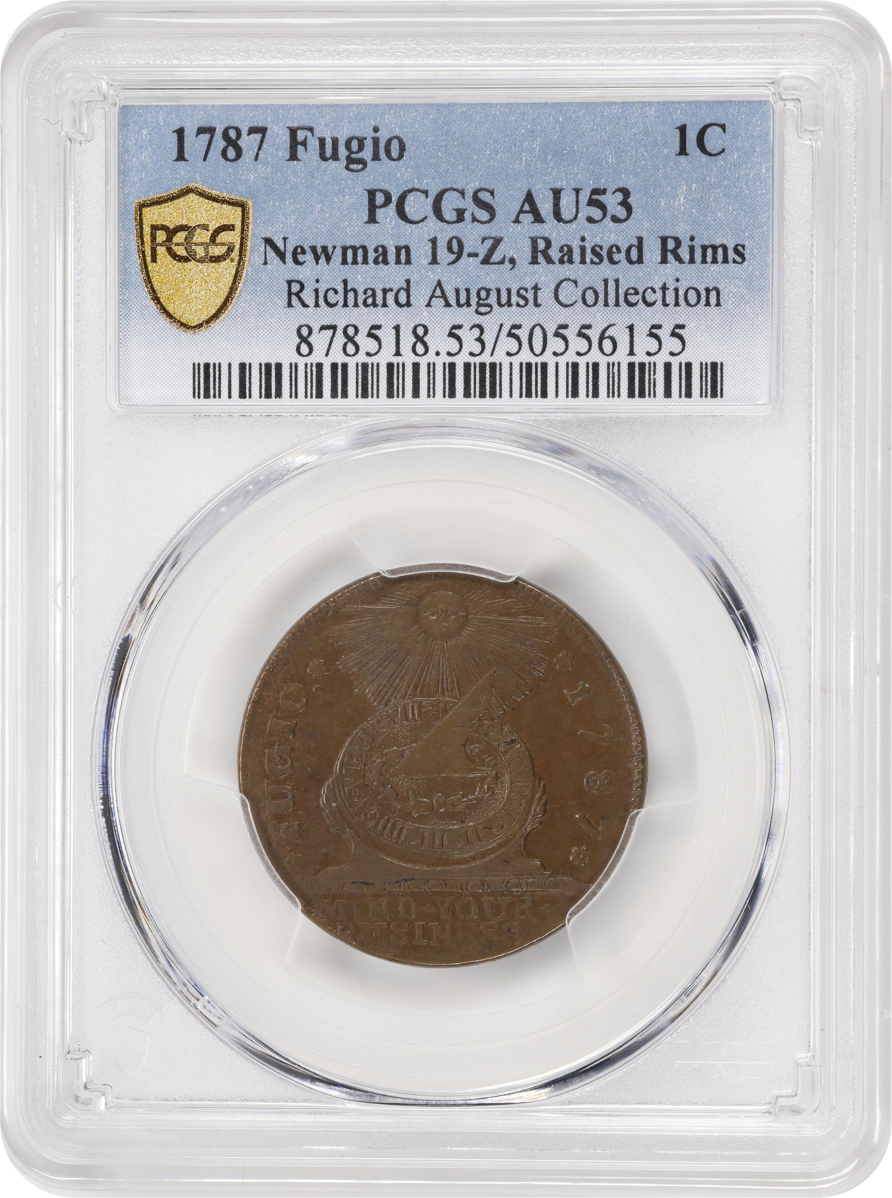 image for: 1787 Fugio Cent. Pointed Rays. Newman 19-Z, W-6975. Rarity-4. STATES UNITED, Label with Raised Rims. AU-53 (PCGS).