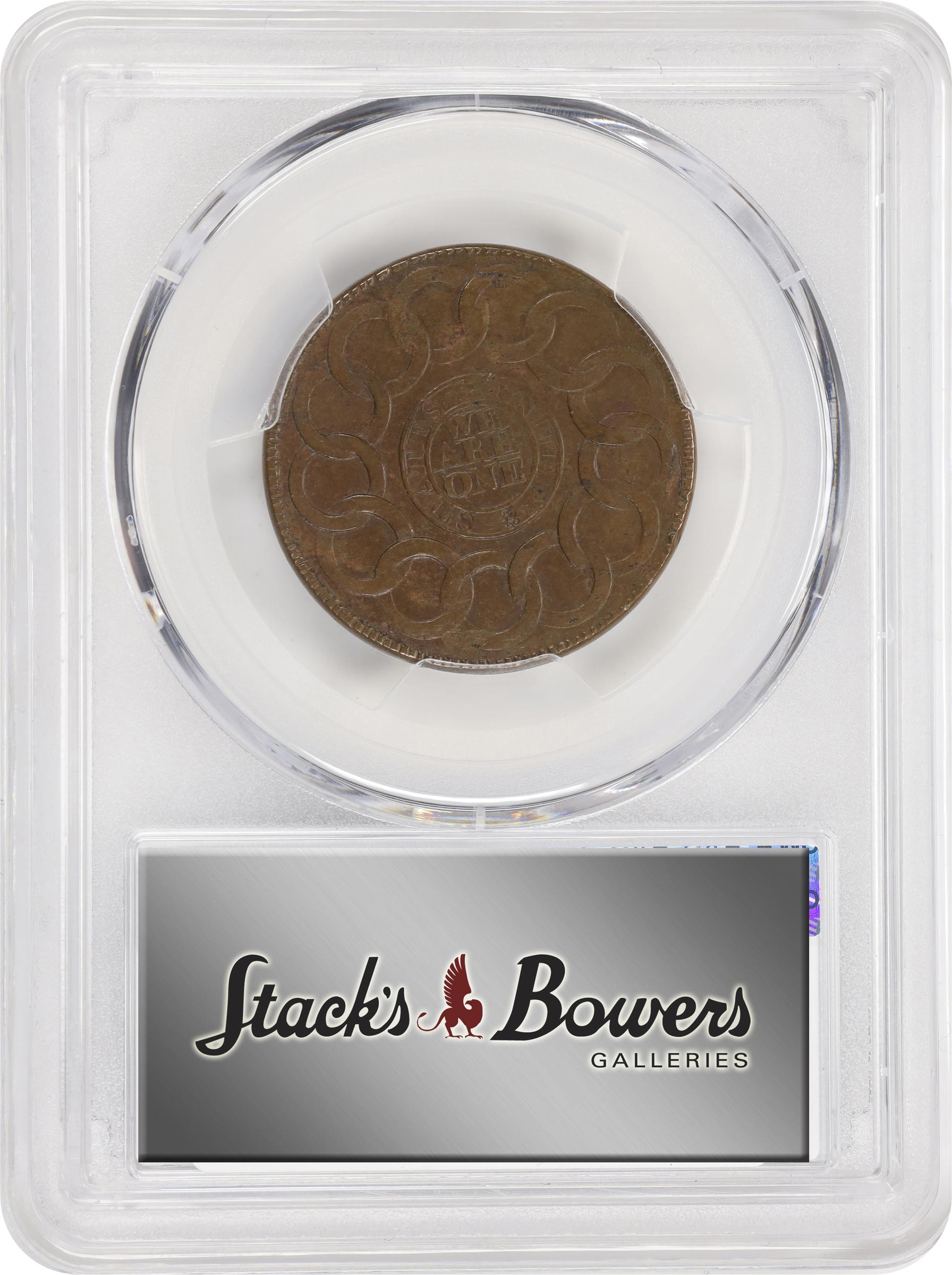 image for: 1787 Fugio Cent. Pointed Rays. Newman 19-Z, W-6975. Rarity-4. STATES UNITED, Label with Raised Rims. AU-53 (PCGS).