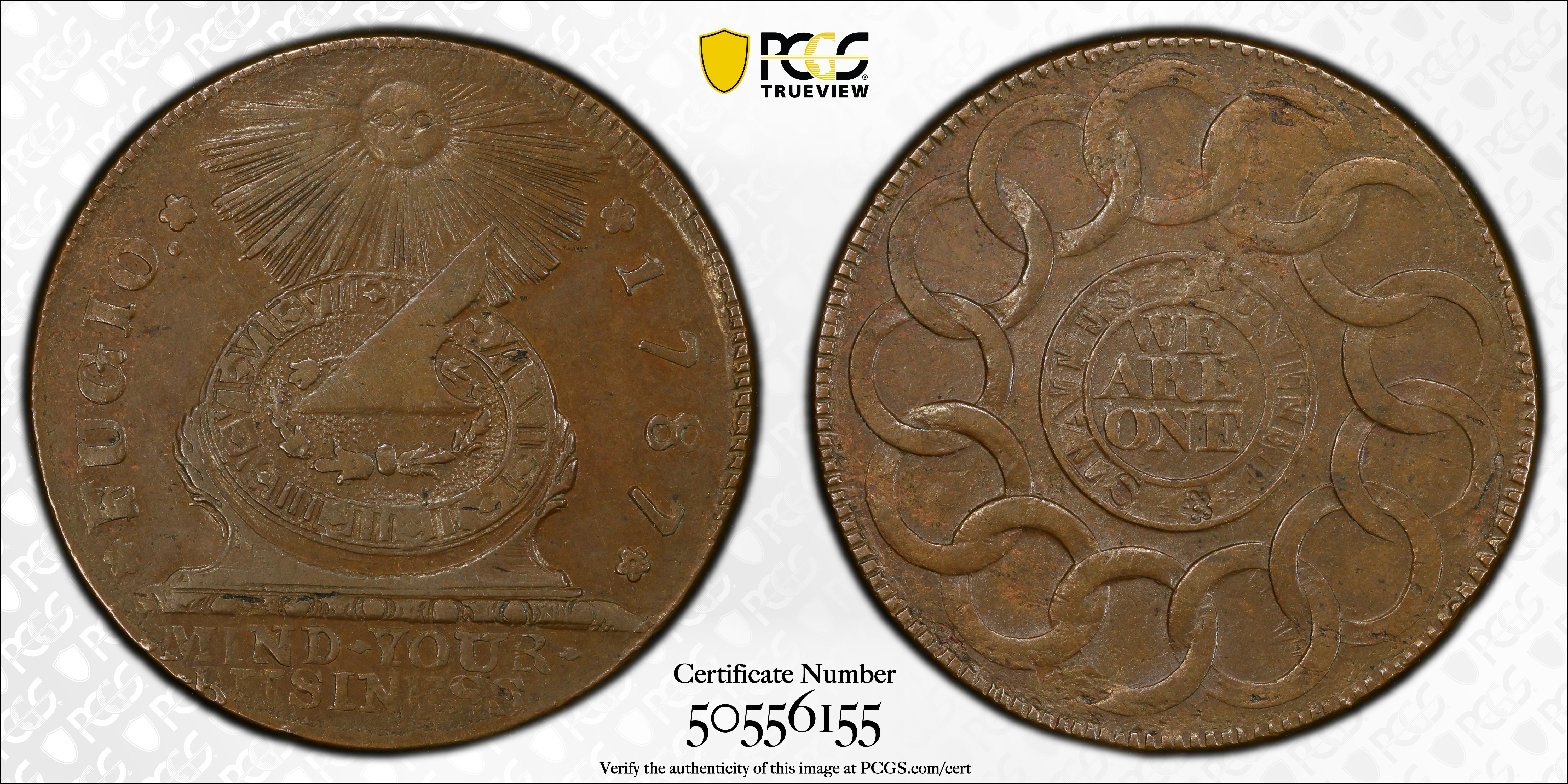 image for: 1787 Fugio Cent. Pointed Rays. Newman 19-Z, W-6975. Rarity-4. STATES UNITED, Label with Raised Rims. AU-53 (PCGS).