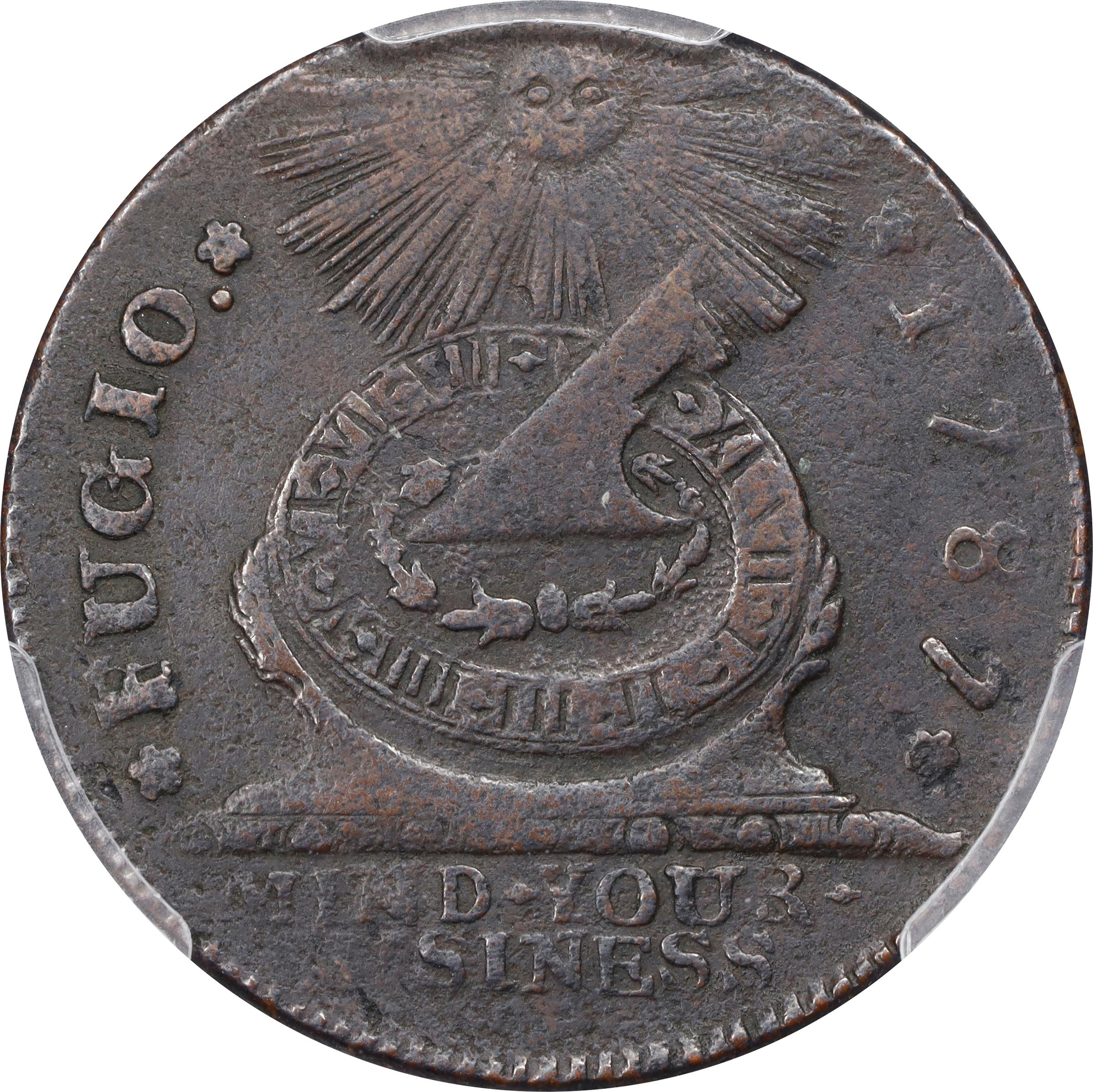 image for: 1787 Fugio Cent. Pointed Rays. Newman 19-Z, W-6975. Rarity-4. STATES UNITED, Label with Raised Rims. EF Details--Environmental Damage (PCGS).