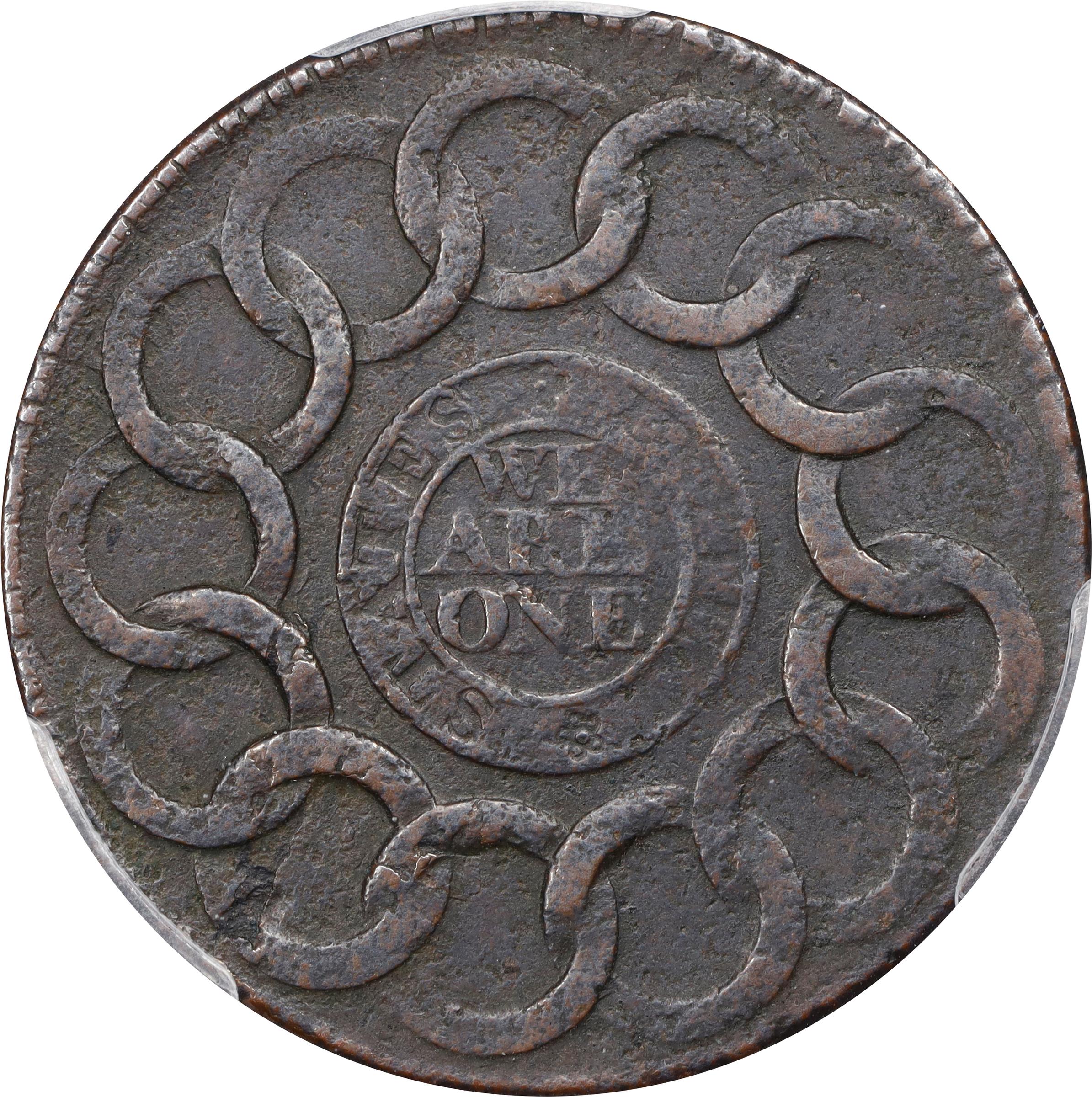 image for: 1787 Fugio Cent. Pointed Rays. Newman 19-Z, W-6975. Rarity-4. STATES UNITED, Label with Raised Rims. EF Details--Environmental Damage (PCGS).