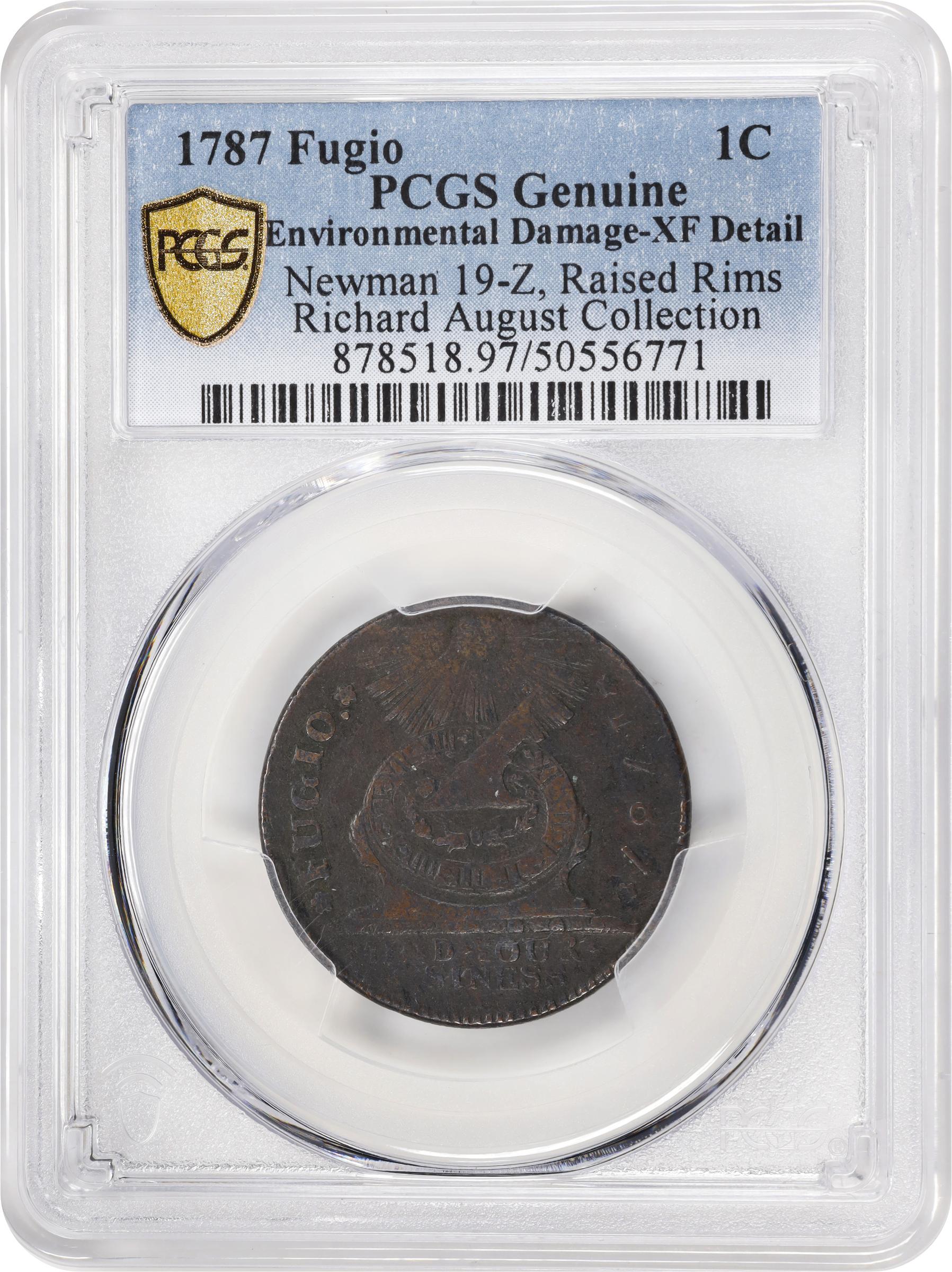 image for: 1787 Fugio Cent. Pointed Rays. Newman 19-Z, W-6975. Rarity-4. STATES UNITED, Label with Raised Rims. EF Details--Environmental Damage (PCGS).