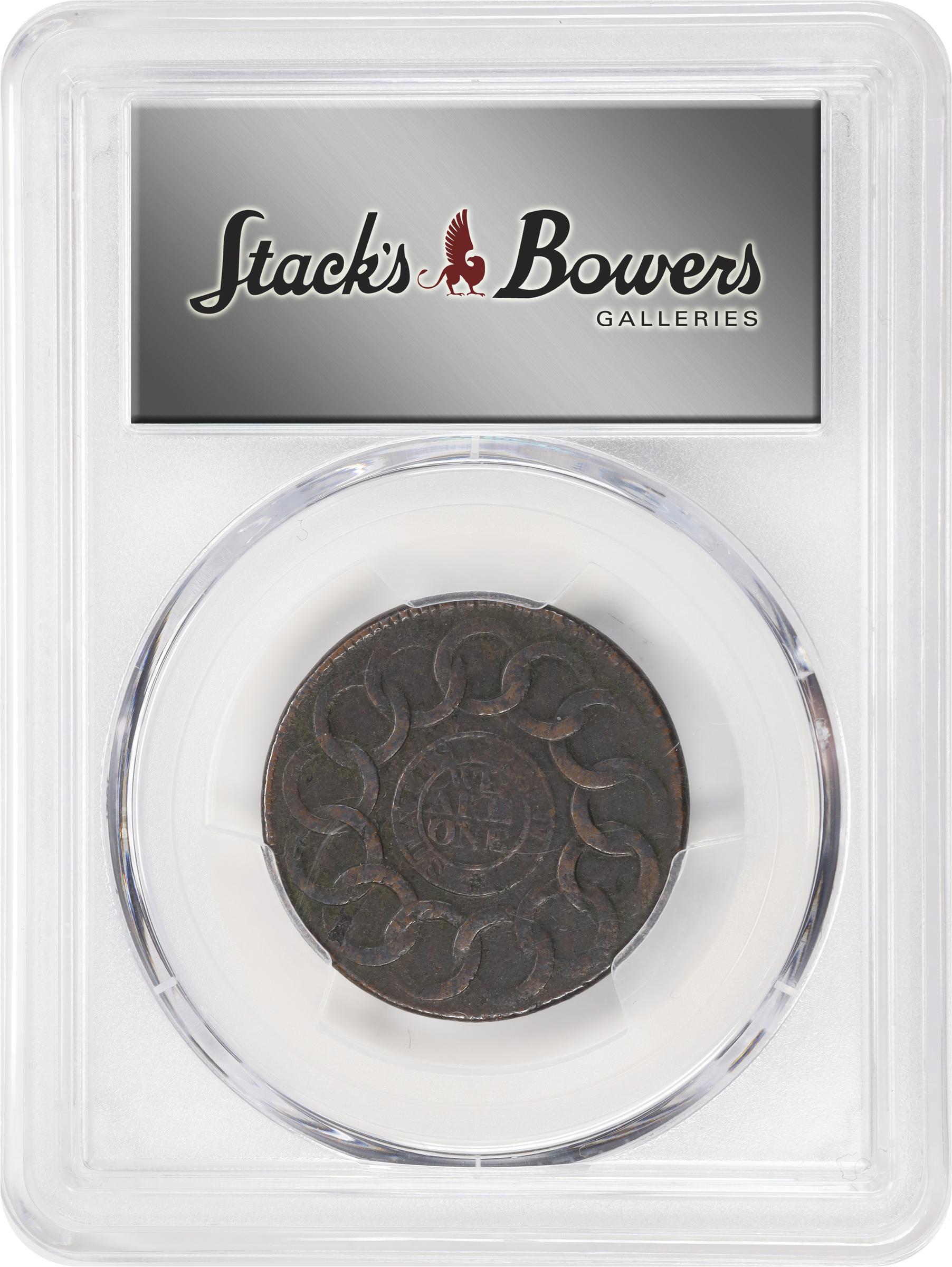 image for: 1787 Fugio Cent. Pointed Rays. Newman 19-Z, W-6975. Rarity-4. STATES UNITED, Label with Raised Rims. EF Details--Environmental Damage (PCGS).