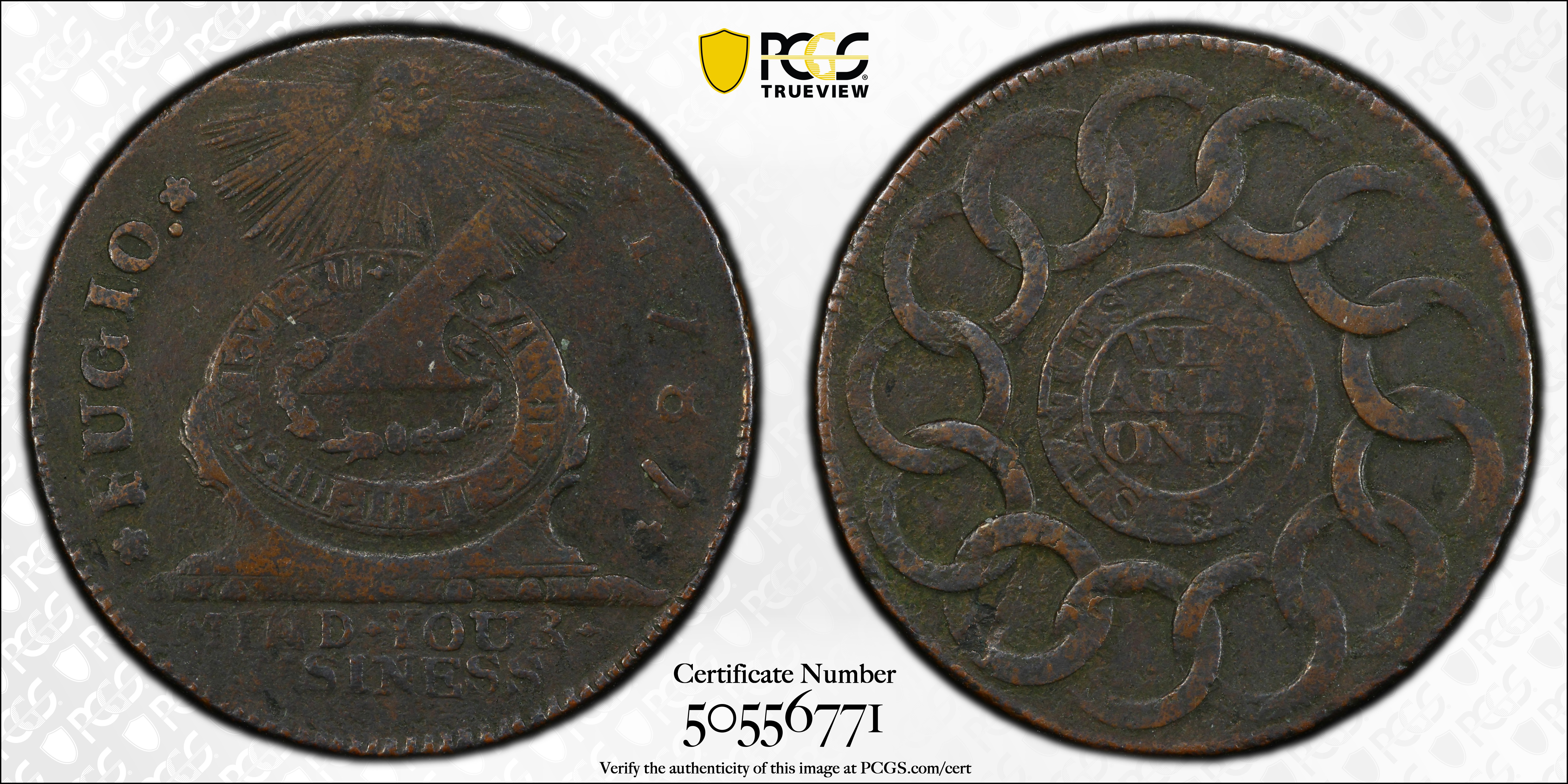image for: 1787 Fugio Cent. Pointed Rays. Newman 19-Z, W-6975. Rarity-4. STATES UNITED, Label with Raised Rims. EF Details--Environmental Damage (PCGS).