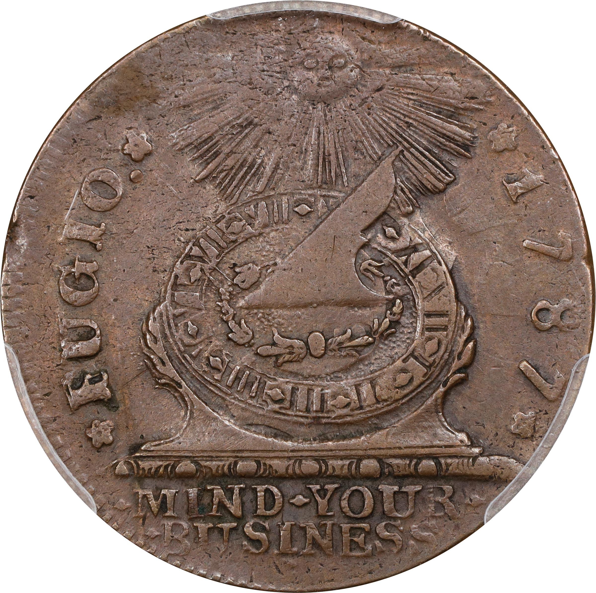 image for: 1787 Fugio Cent. Pointed Rays. Newman 19-SS, W-6980. Rarity-5. STATES UNITED, 4 Cinquefoils. AU-50 (PCGS).