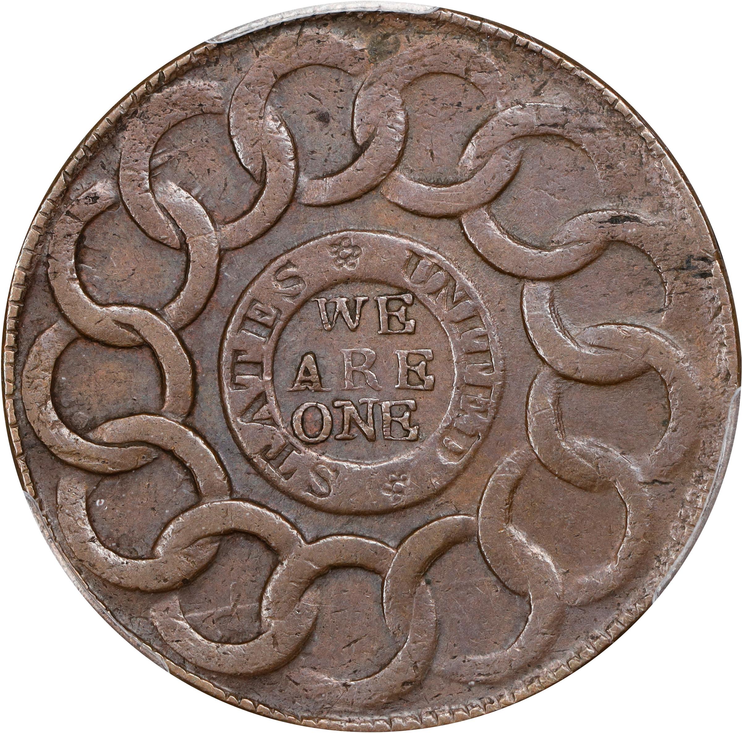 image for: 1787 Fugio Cent. Pointed Rays. Newman 19-SS, W-6980. Rarity-5. STATES UNITED, 4 Cinquefoils. AU-50 (PCGS).