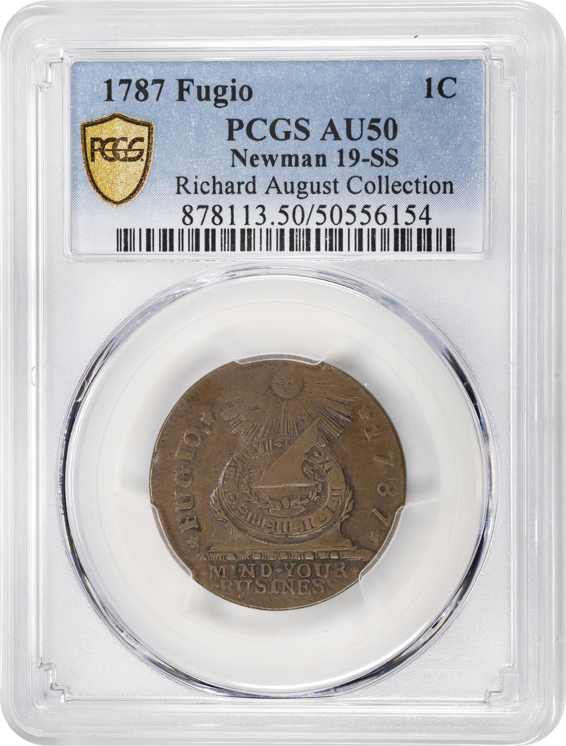 image for: 1787 Fugio Cent. Pointed Rays. Newman 19-SS, W-6980. Rarity-5. STATES UNITED, 4 Cinquefoils. AU-50 (PCGS).