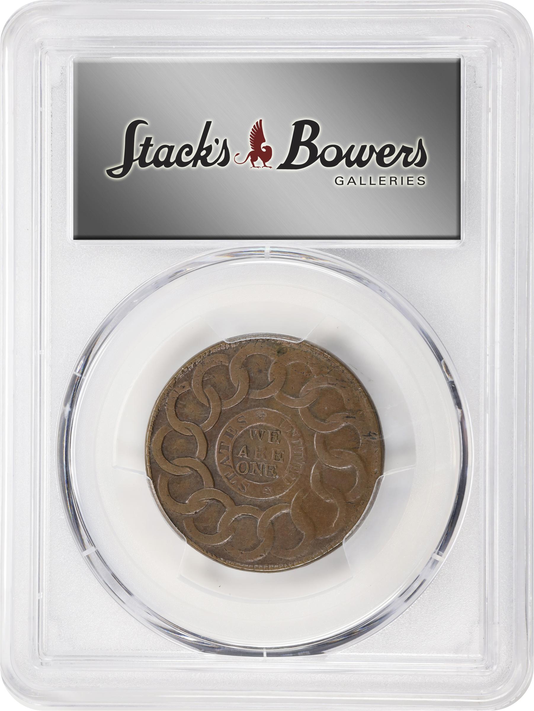 image for: 1787 Fugio Cent. Pointed Rays. Newman 19-SS, W-6980. Rarity-5. STATES UNITED, 4 Cinquefoils. AU-50 (PCGS).