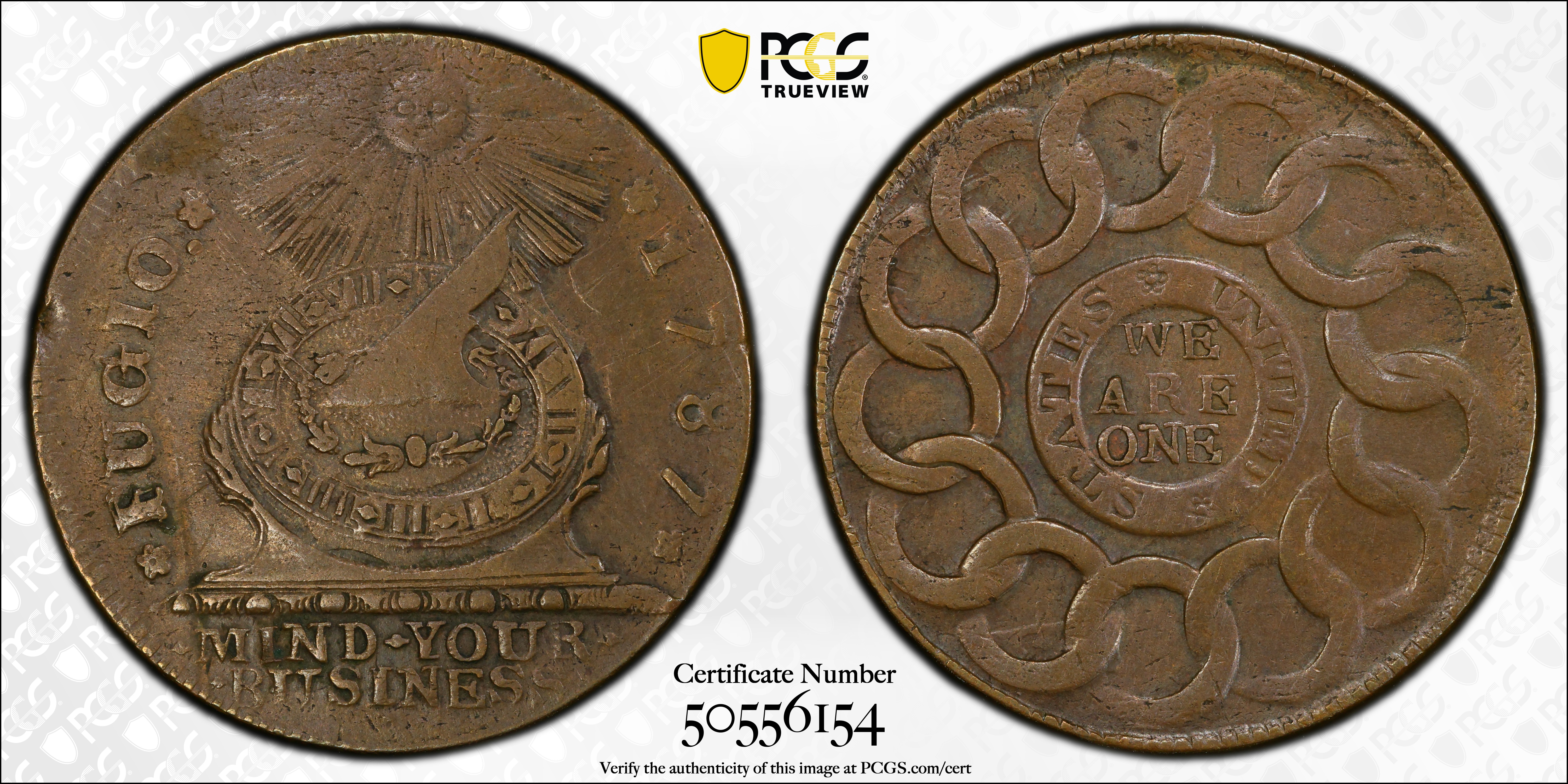 image for: 1787 Fugio Cent. Pointed Rays. Newman 19-SS, W-6980. Rarity-5. STATES UNITED, 4 Cinquefoils. AU-50 (PCGS).