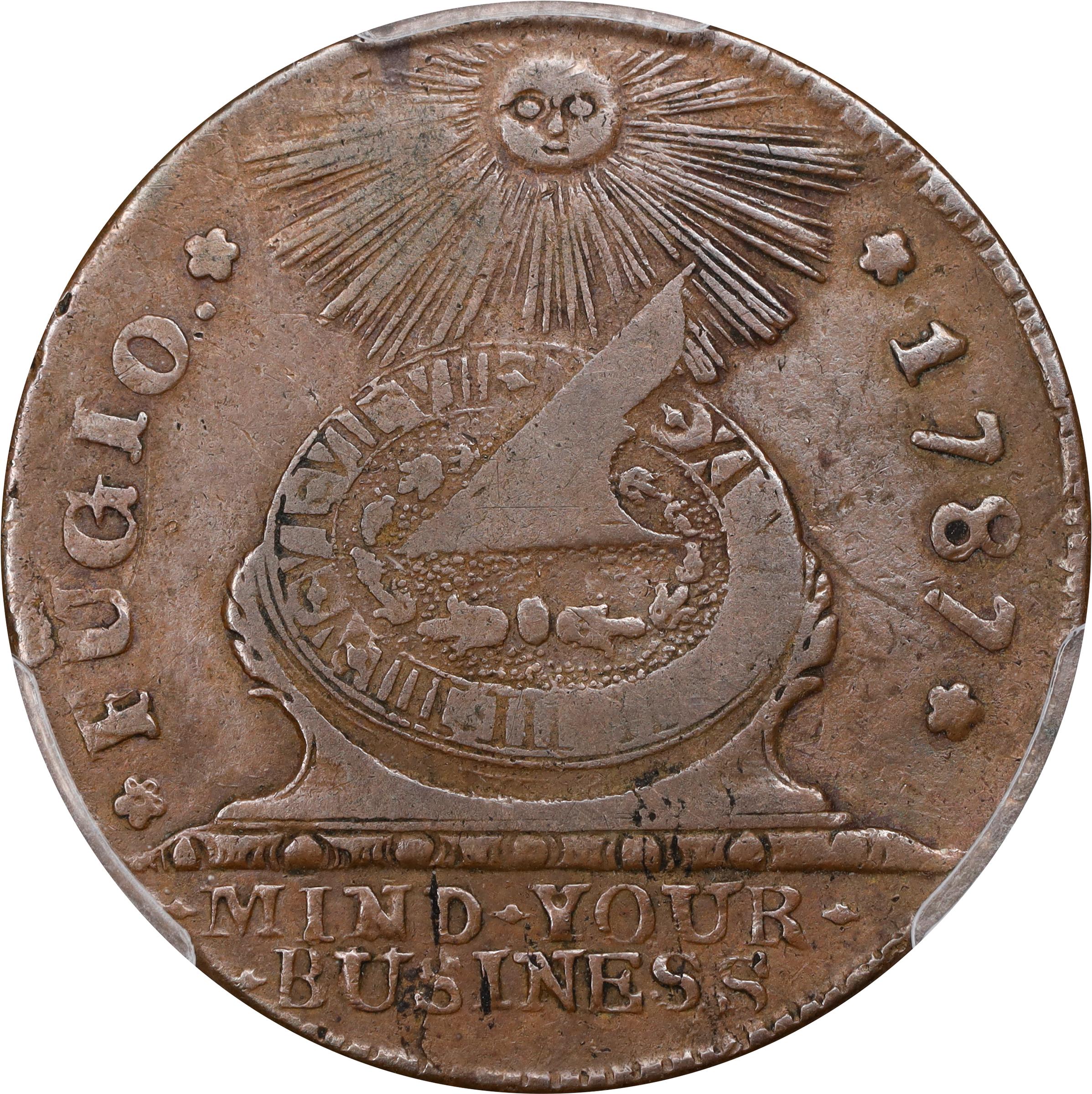 image for: 1787 Fugio Cent. Pointed Rays. Newman 20-R, W-6990. Rarity-5. STATES UNITED, 4 Cinquefoils. EF-40 (PCGS).