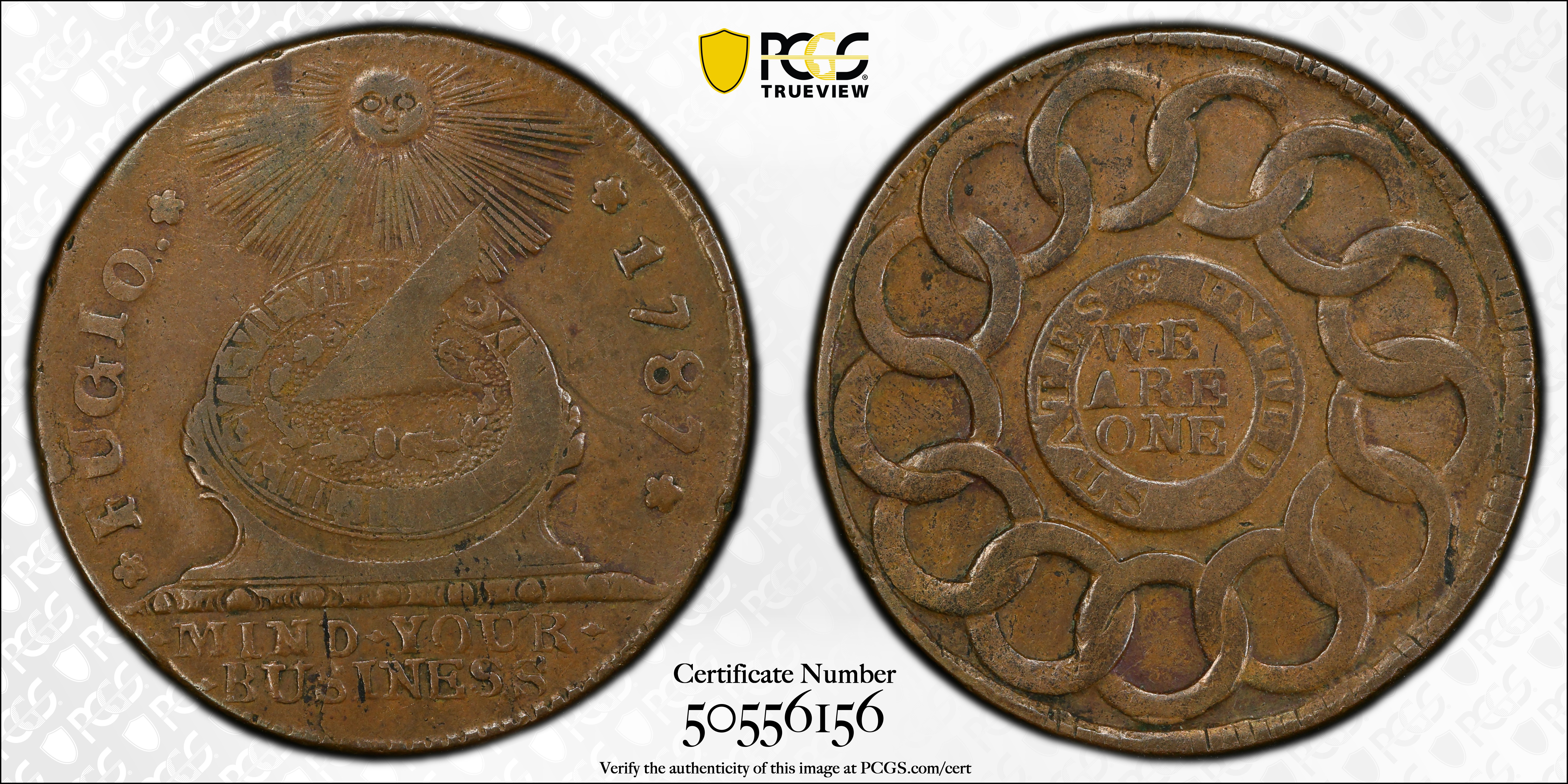 image for: 1787 Fugio Cent. Pointed Rays. Newman 20-R, W-6990. Rarity-5. STATES UNITED, 4 Cinquefoils. EF-40 (PCGS).