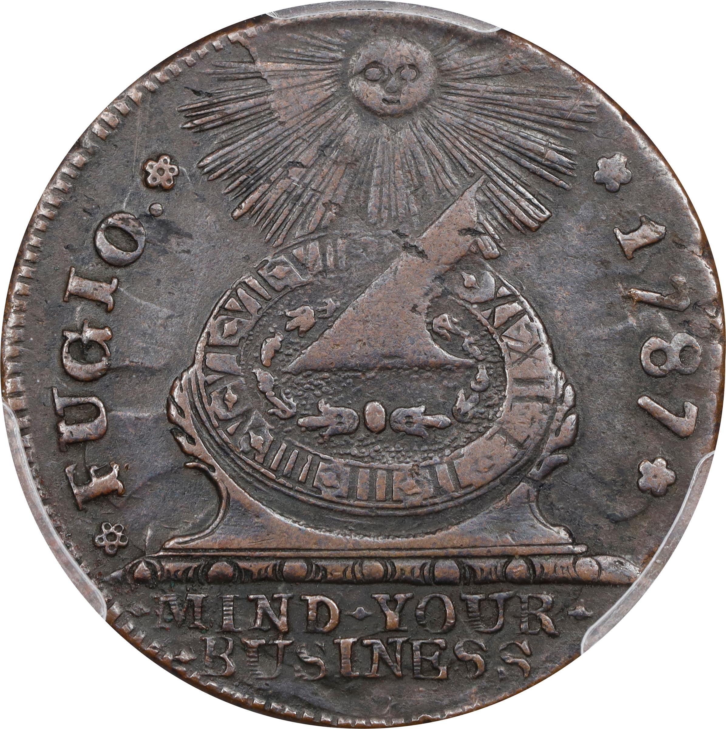 image for: 1787 Fugio Cent. Pointed Rays. Newman 20-X, W-7000. Rarity-5-. STATES UNITED, 4 Cinquefoils. EF-40 (PCGS).