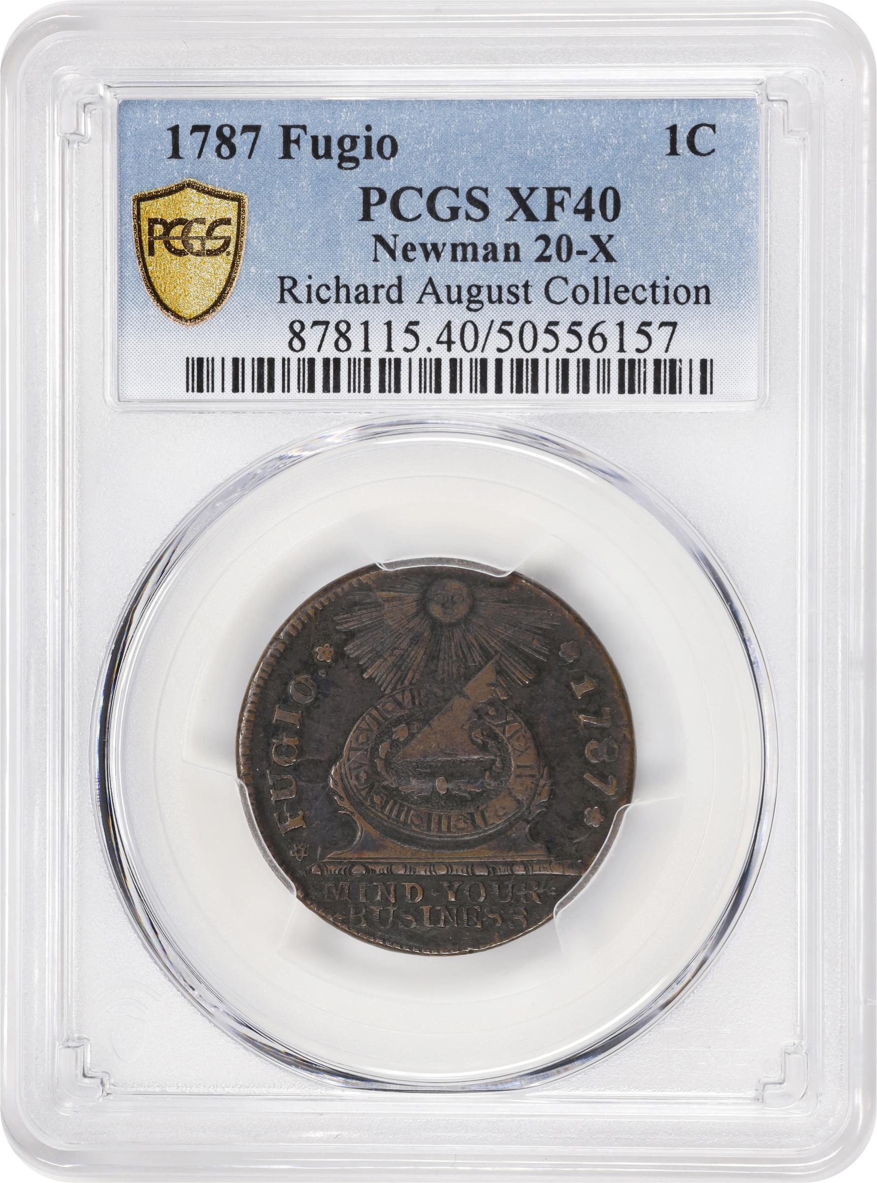 image for: 1787 Fugio Cent. Pointed Rays. Newman 20-X, W-7000. Rarity-5-. STATES UNITED, 4 Cinquefoils. EF-40 (PCGS).