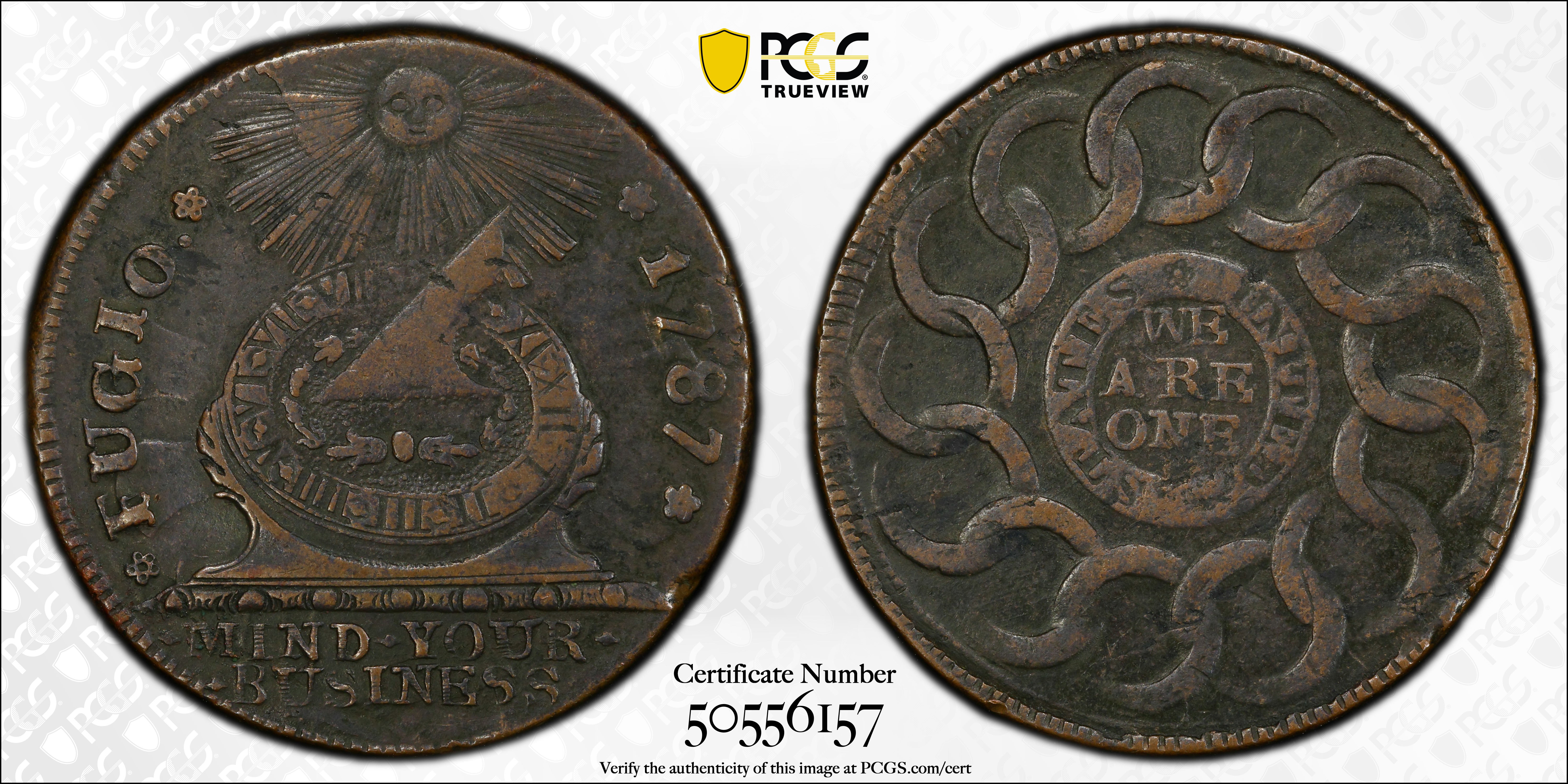 image for: 1787 Fugio Cent. Pointed Rays. Newman 20-X, W-7000. Rarity-5-. STATES UNITED, 4 Cinquefoils. EF-40 (PCGS).