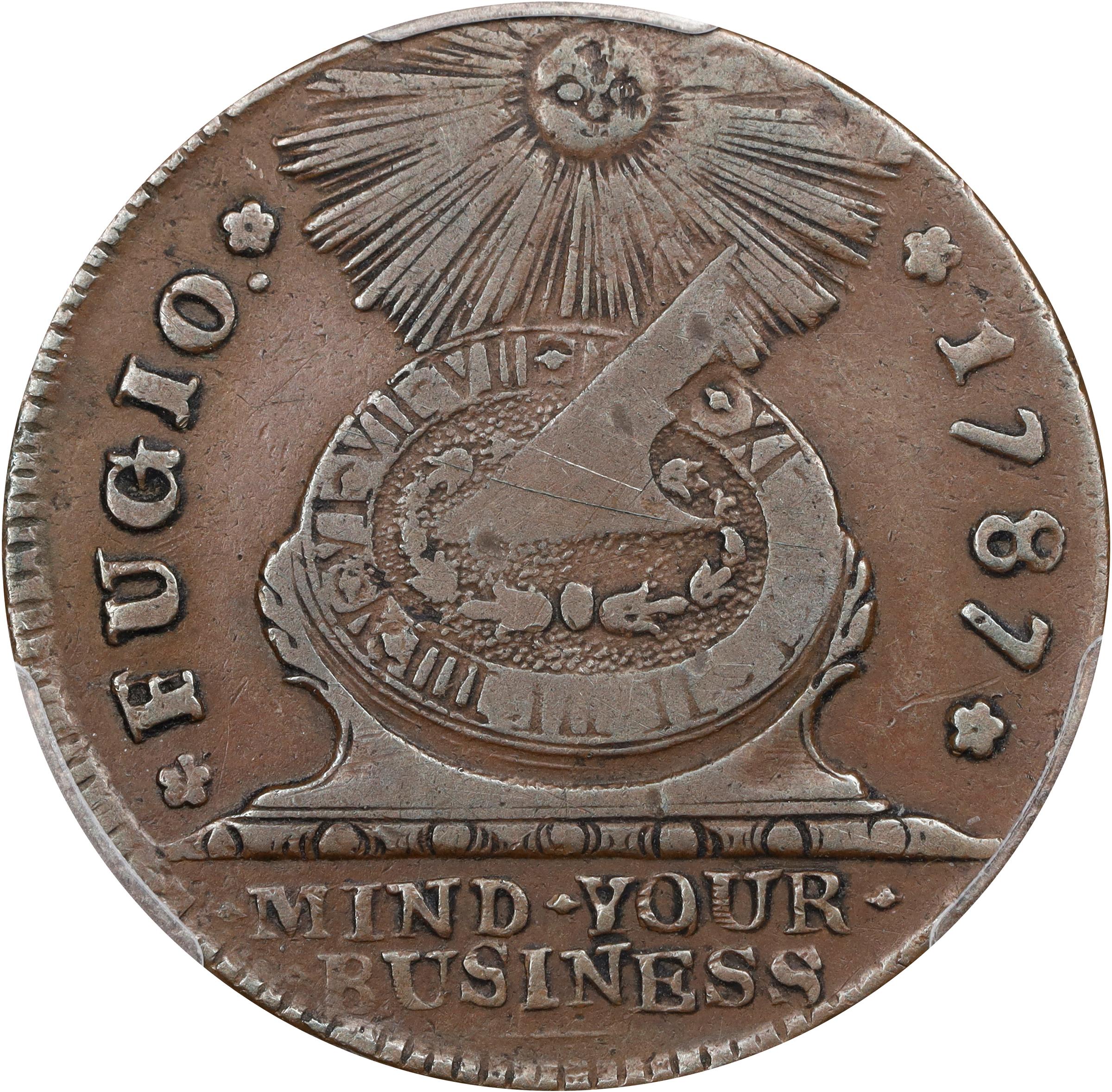 image for: 1787 Fugio Cent. Pointed Rays. Newman 21-I, W-7010. Rarity-4. UNITED STATES, 4 Cinquefoils. EF-40 (PCGS).