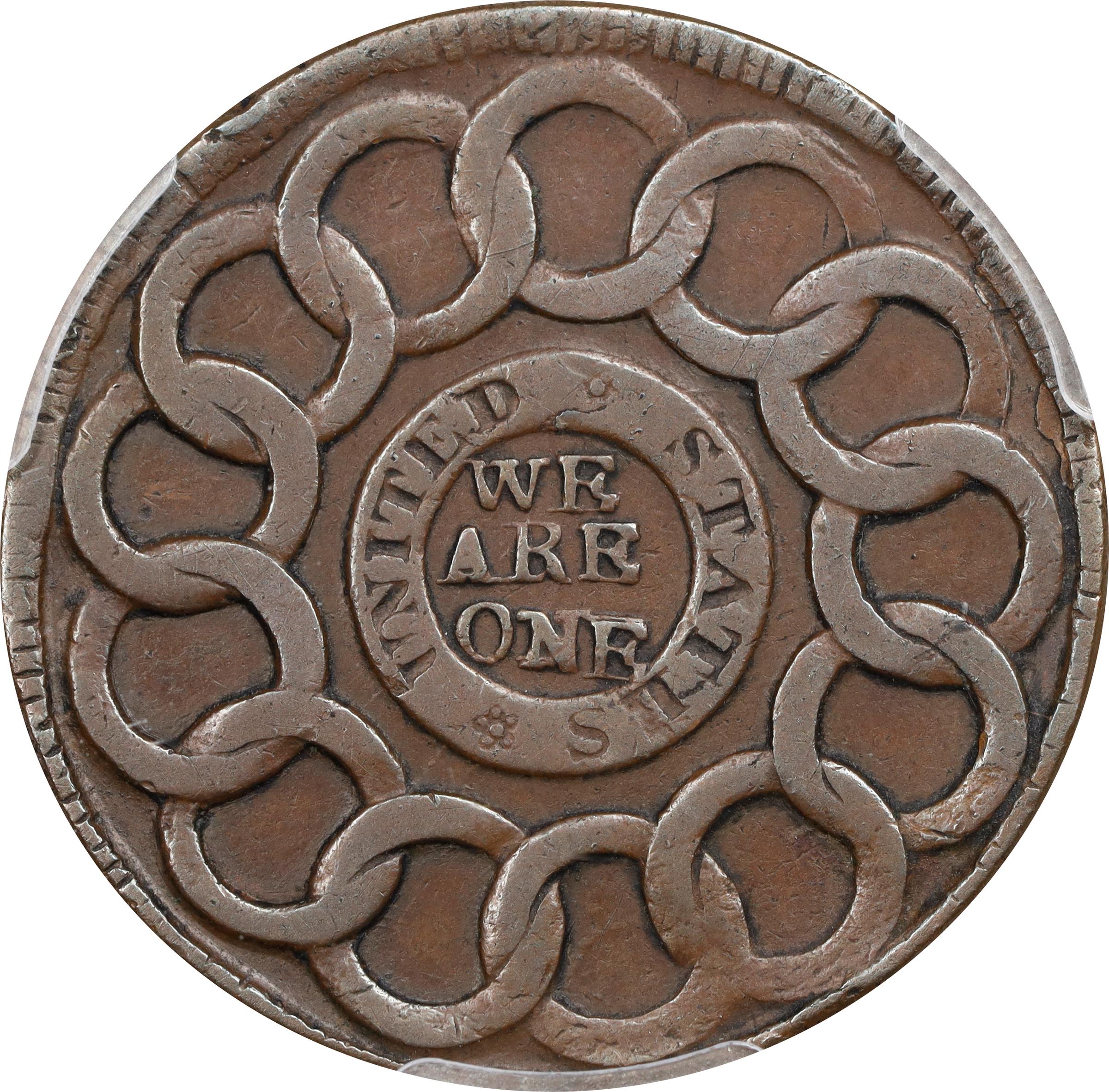 image for: 1787 Fugio Cent. Pointed Rays. Newman 21-I, W-7010. Rarity-4. UNITED STATES, 4 Cinquefoils. EF-40 (PCGS).