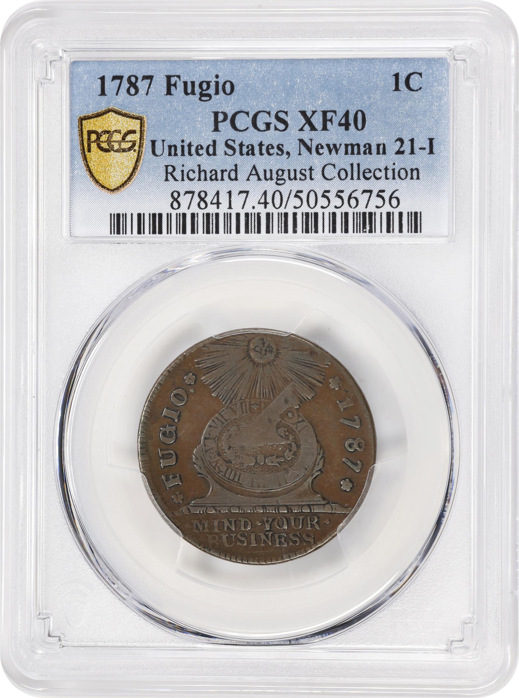 image for: 1787 Fugio Cent. Pointed Rays. Newman 21-I, W-7010. Rarity-4. UNITED STATES, 4 Cinquefoils. EF-40 (PCGS).