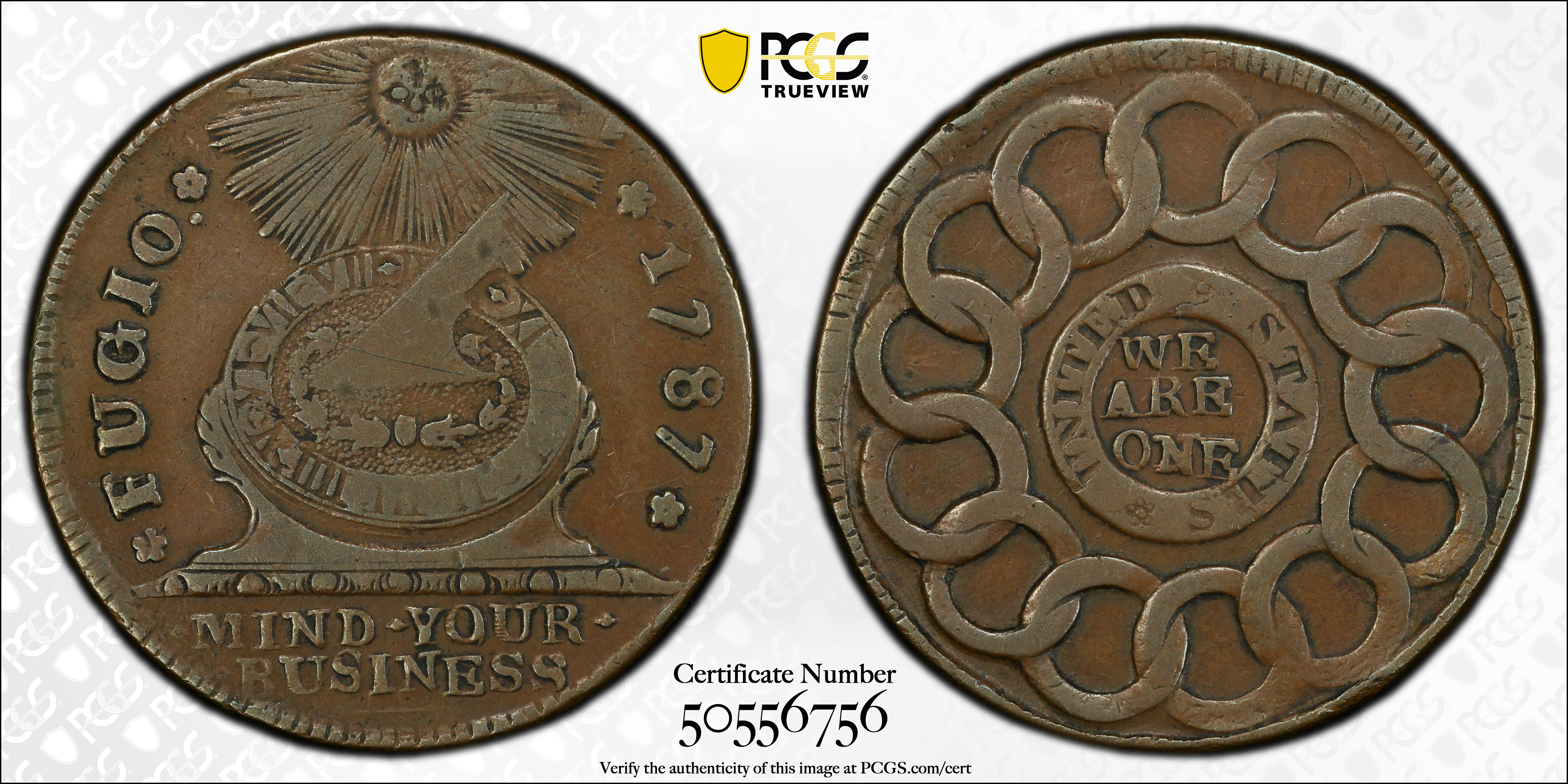 image for: 1787 Fugio Cent. Pointed Rays. Newman 21-I, W-7010. Rarity-4. UNITED STATES, 4 Cinquefoils. EF-40 (PCGS).