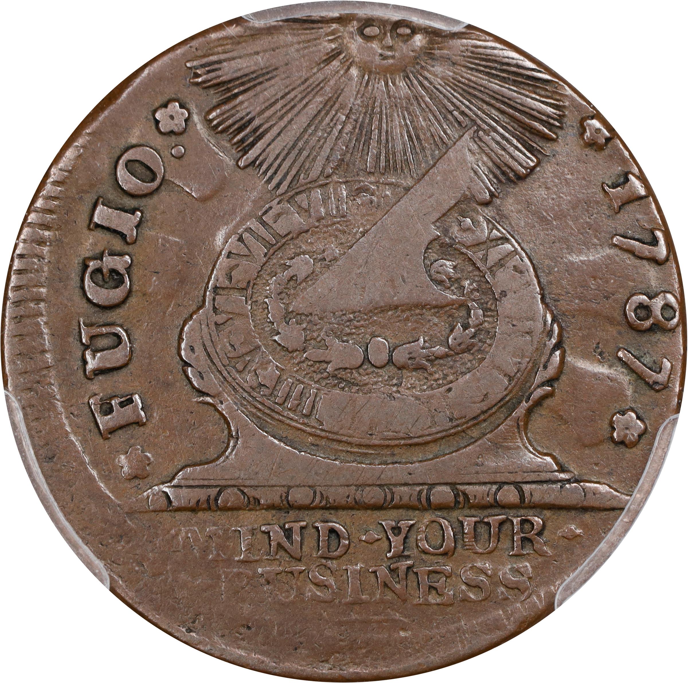 image for: 1787 Fugio Cent. Pointed Rays. Newman 21-I, W-7010. Rarity-4. UNITED STATES, 4 Cinquefoils. VF-35 (PCGS).