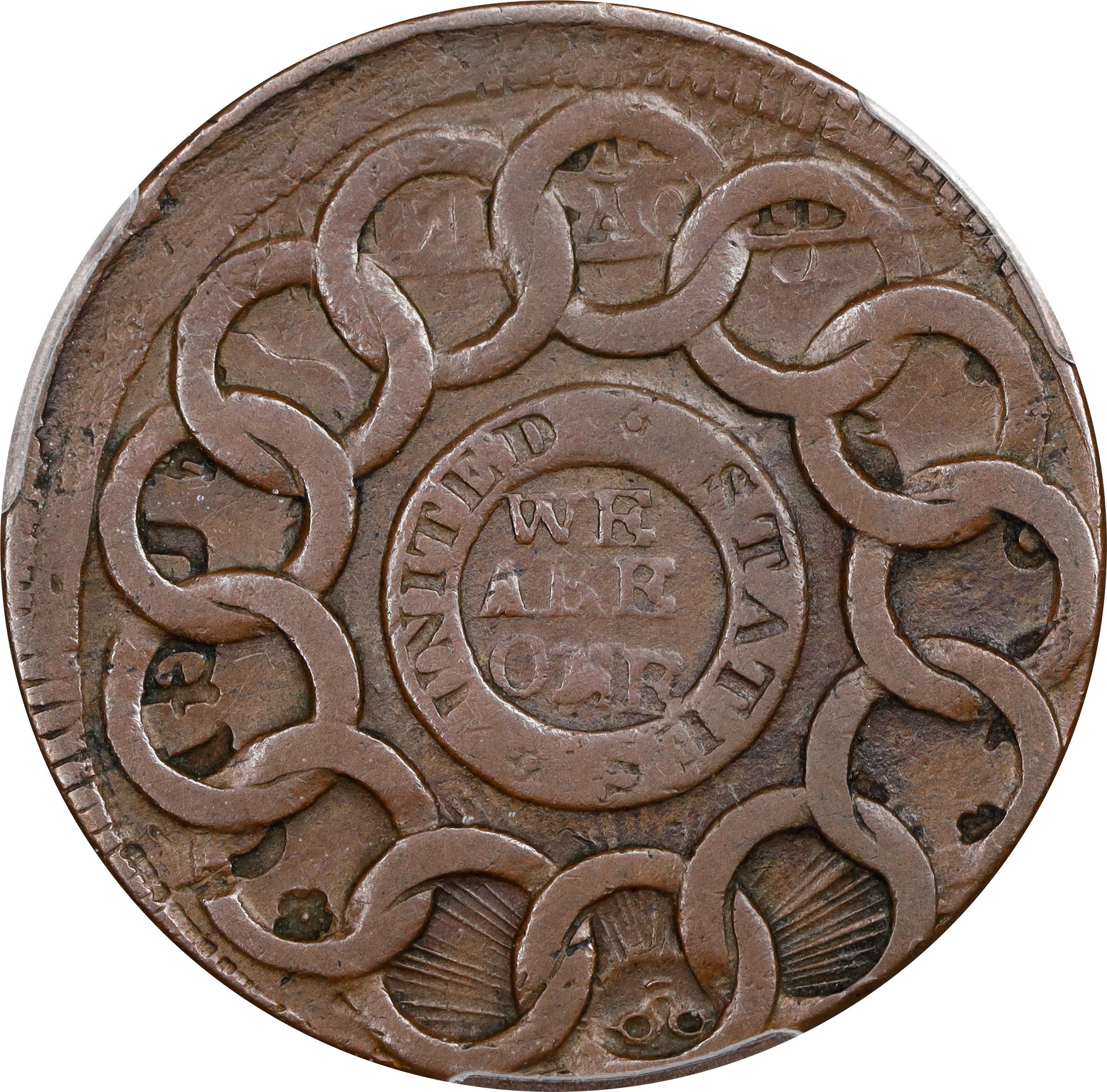 image for: 1787 Fugio Cent. Pointed Rays. Newman 21-I, W-7010. Rarity-4. UNITED STATES, 4 Cinquefoils. VF-35 (PCGS).