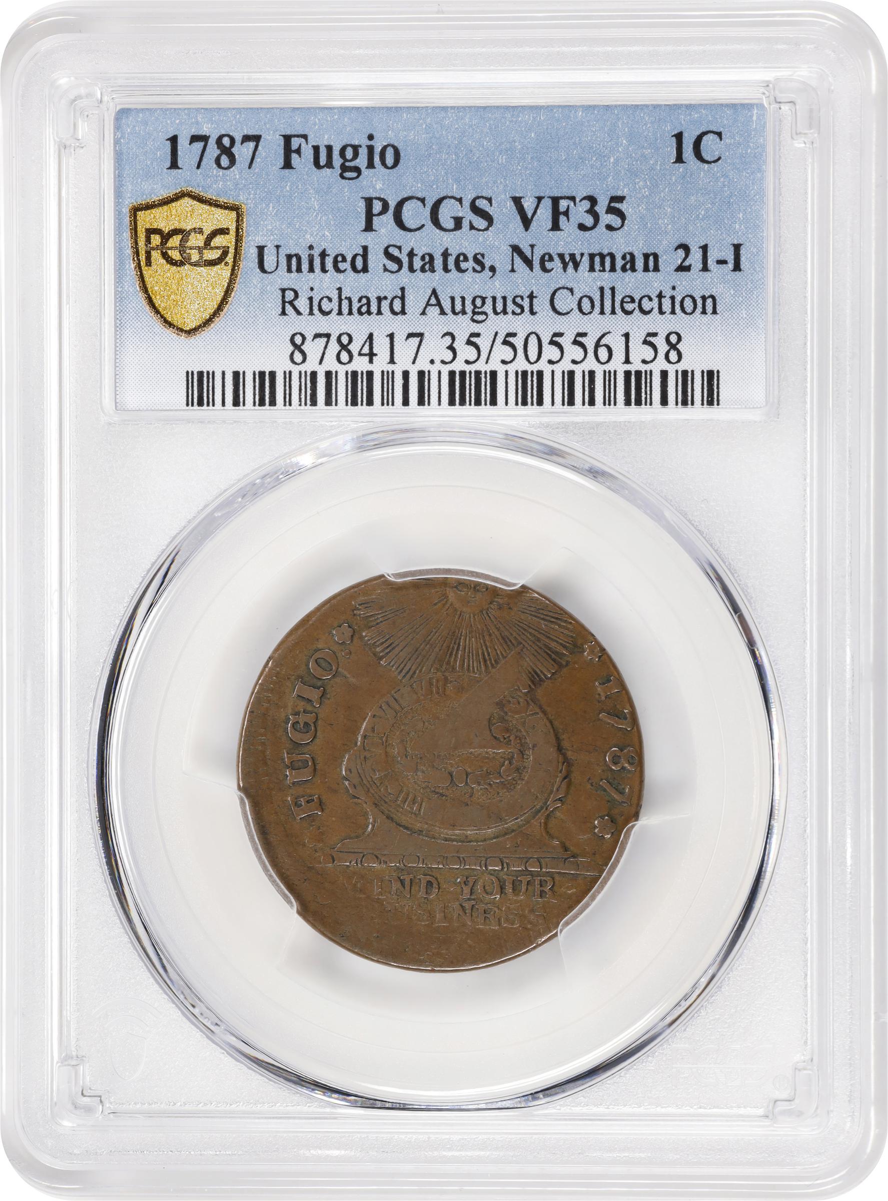 image for: 1787 Fugio Cent. Pointed Rays. Newman 21-I, W-7010. Rarity-4. UNITED STATES, 4 Cinquefoils. VF-35 (PCGS).