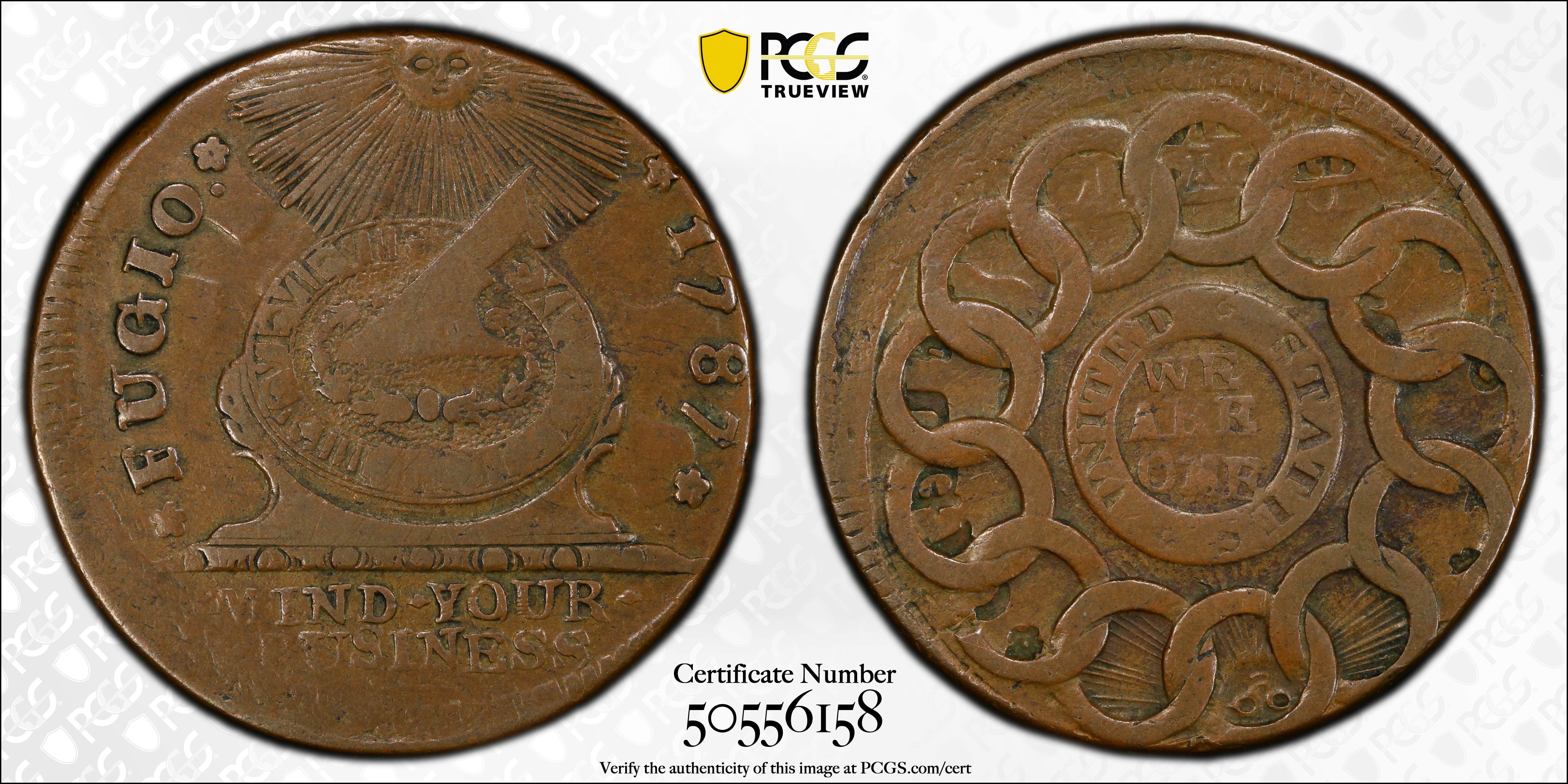 image for: 1787 Fugio Cent. Pointed Rays. Newman 21-I, W-7010. Rarity-4. UNITED STATES, 4 Cinquefoils. VF-35 (PCGS).