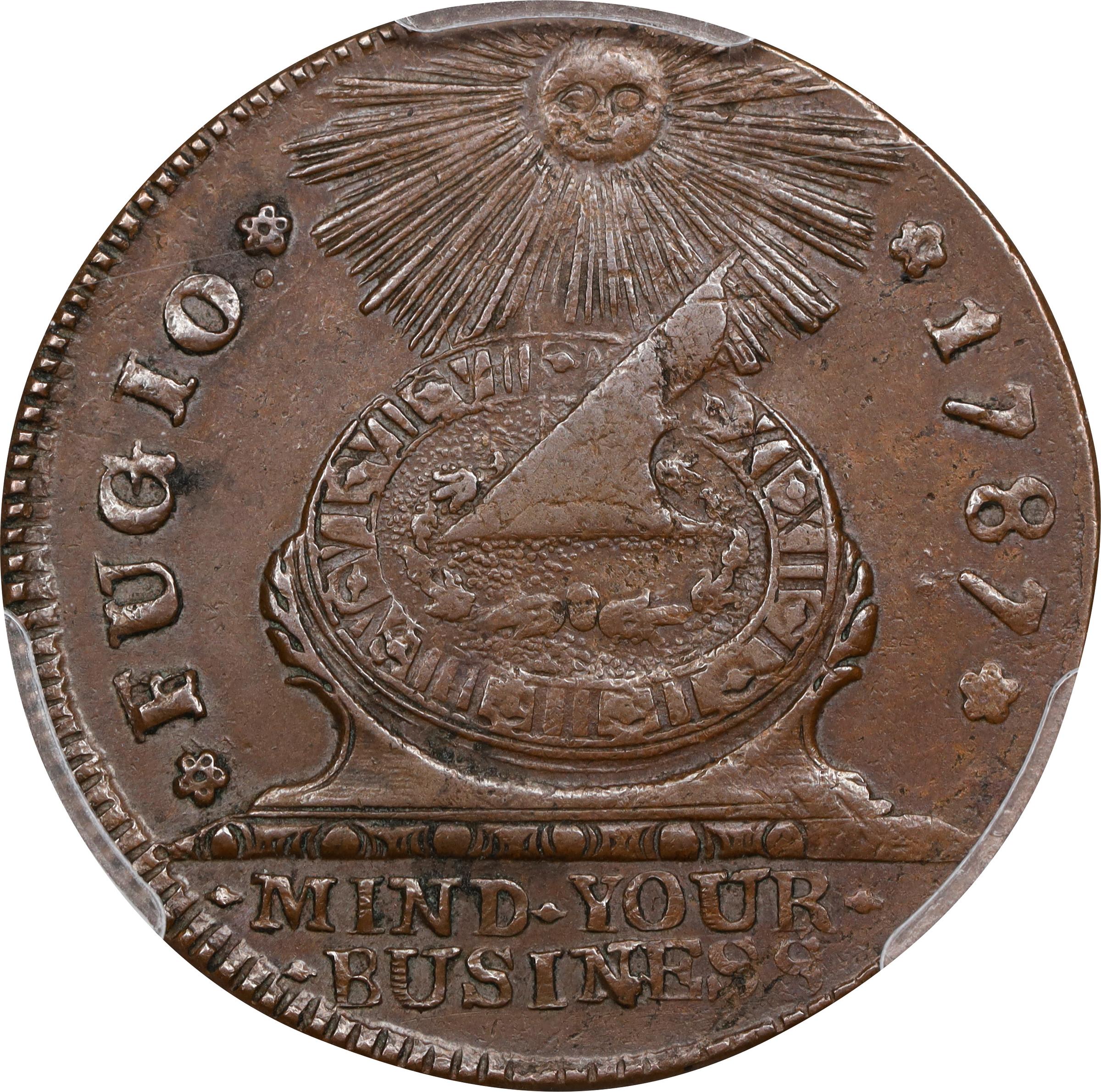 image for: 1787 Fugio Cent. Pointed Rays. Newman 22-M, W-7020. Rarity-4. STATES UNITED, 4 Cinquefoils. AU-53 (PCGS).