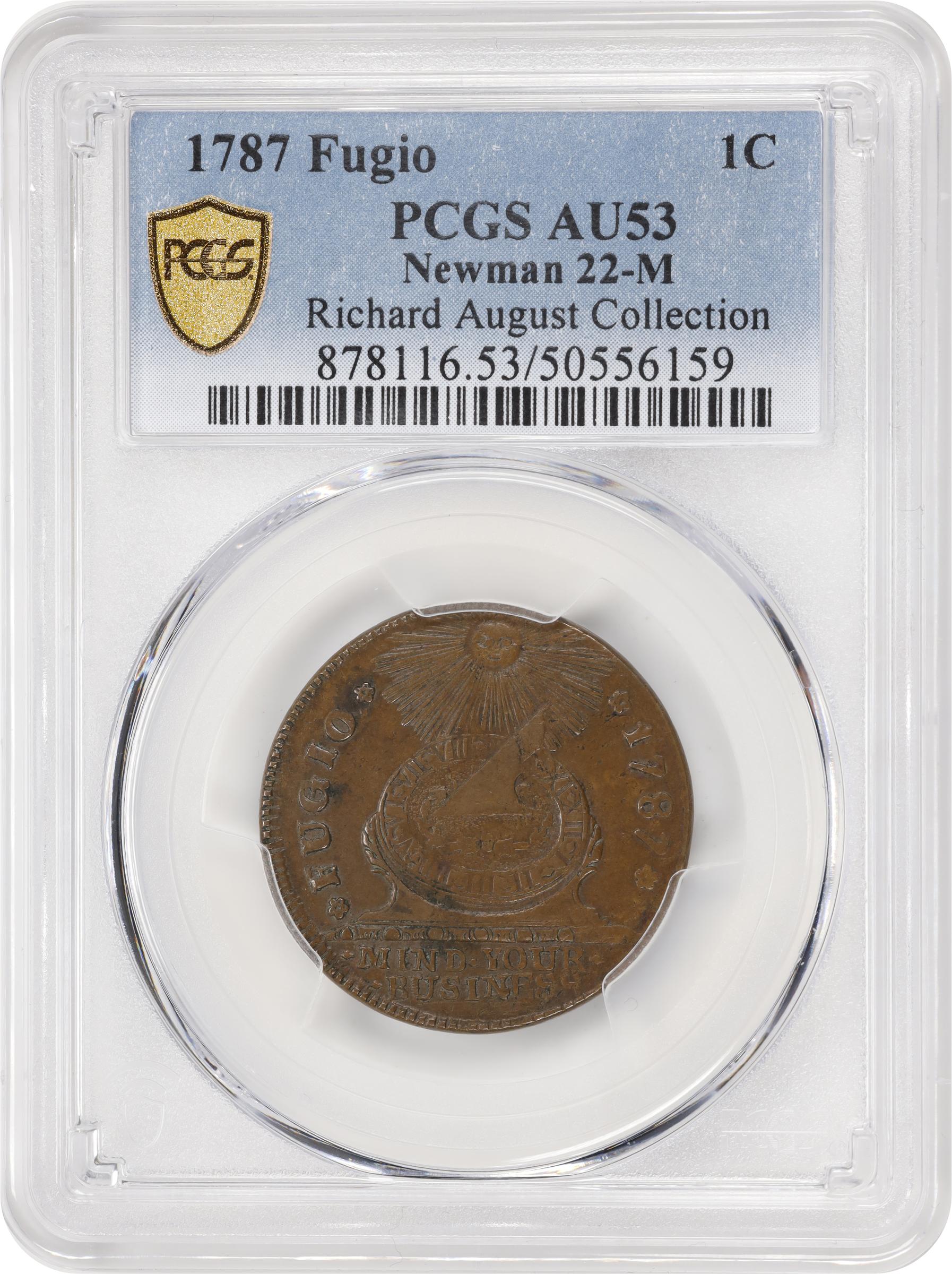 image for: 1787 Fugio Cent. Pointed Rays. Newman 22-M, W-7020. Rarity-4. STATES UNITED, 4 Cinquefoils. AU-53 (PCGS).