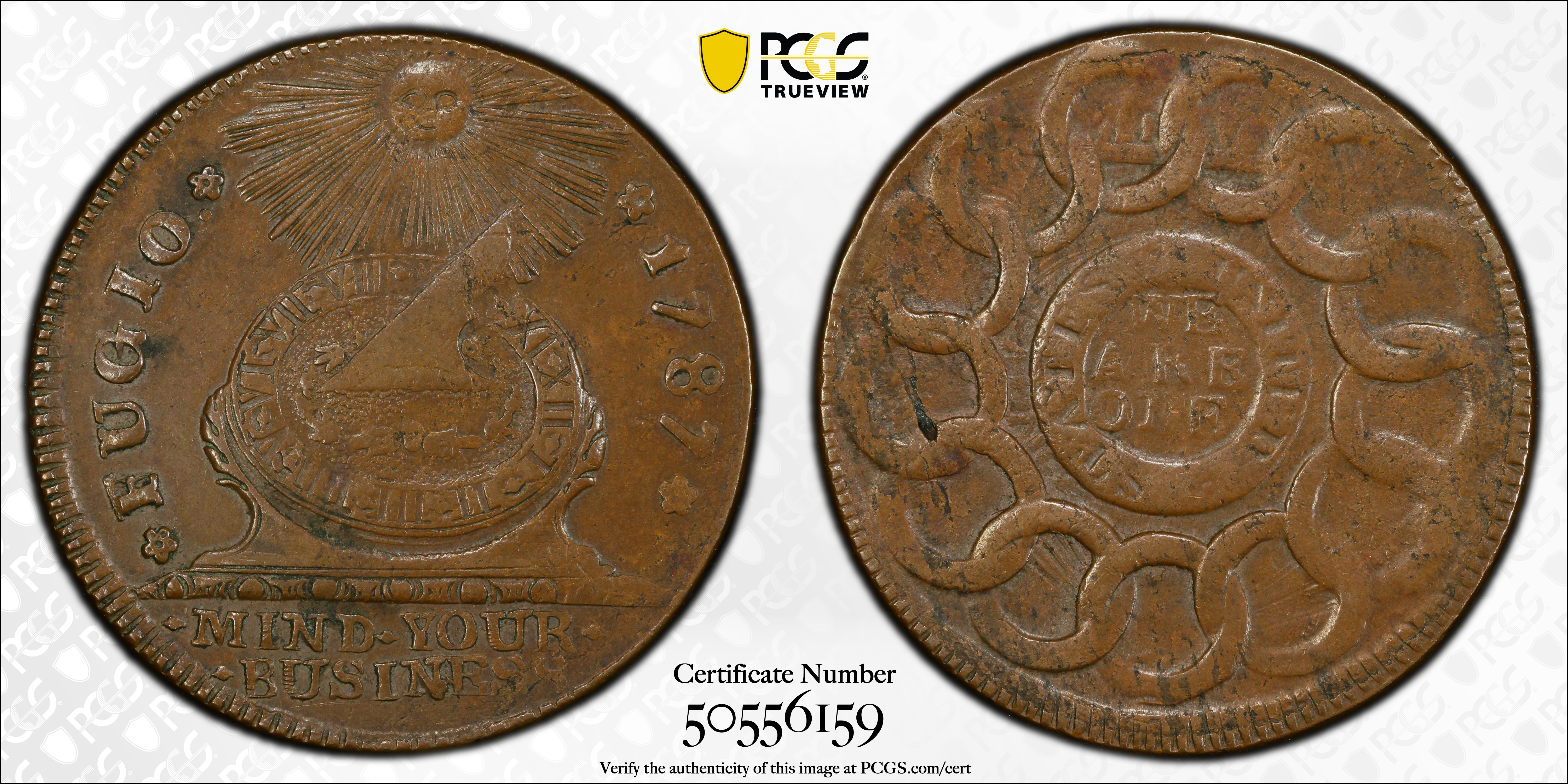 image for: 1787 Fugio Cent. Pointed Rays. Newman 22-M, W-7020. Rarity-4. STATES UNITED, 4 Cinquefoils. AU-53 (PCGS).