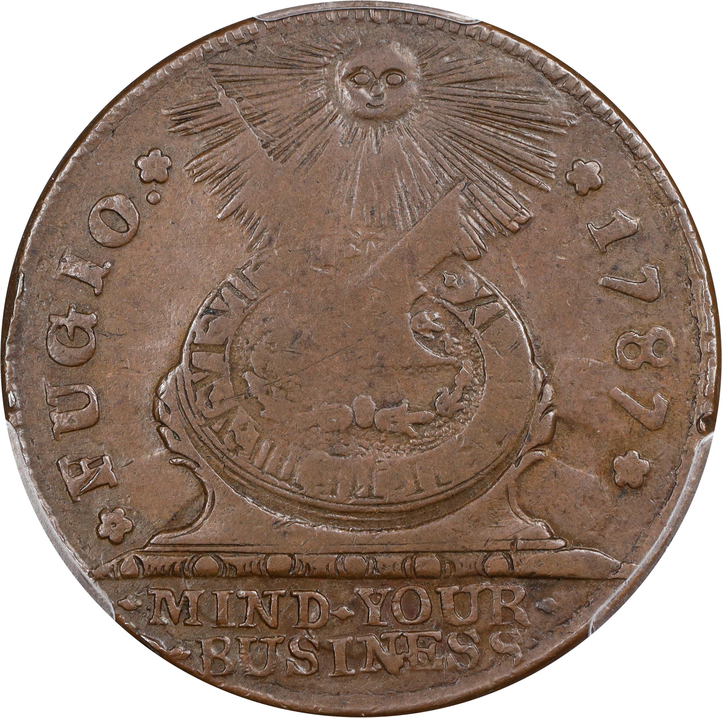 image for: 1787 Fugio Cent. Pointed Rays. Newman 22-M, W-7020. Rarity-4. STATES UNITED, 4 Cinquefoils. EF-40 (PCGS).