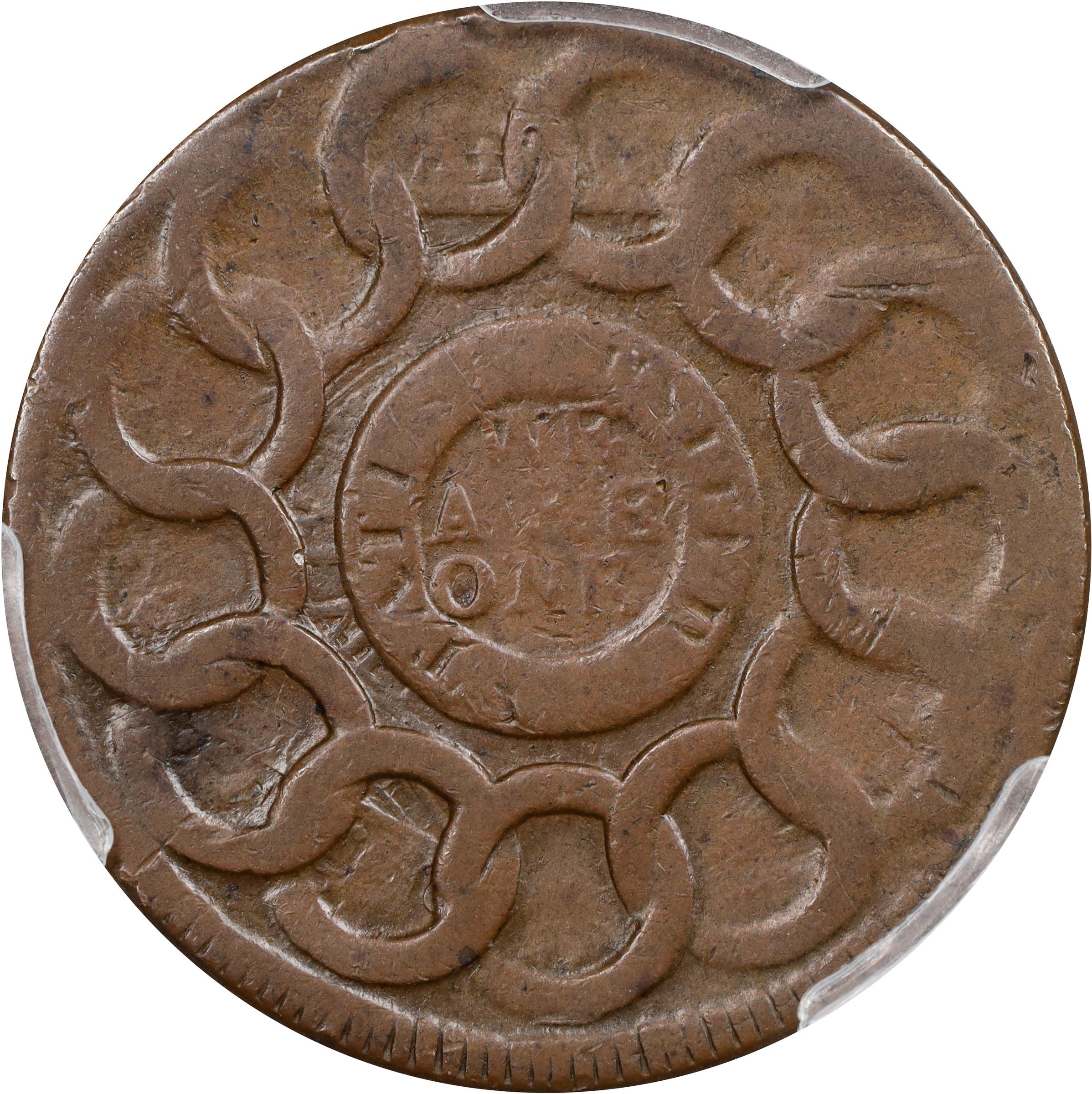 image for: 1787 Fugio Cent. Pointed Rays. Newman 22-M, W-7020. Rarity-4. STATES UNITED, 4 Cinquefoils. EF-40 (PCGS).