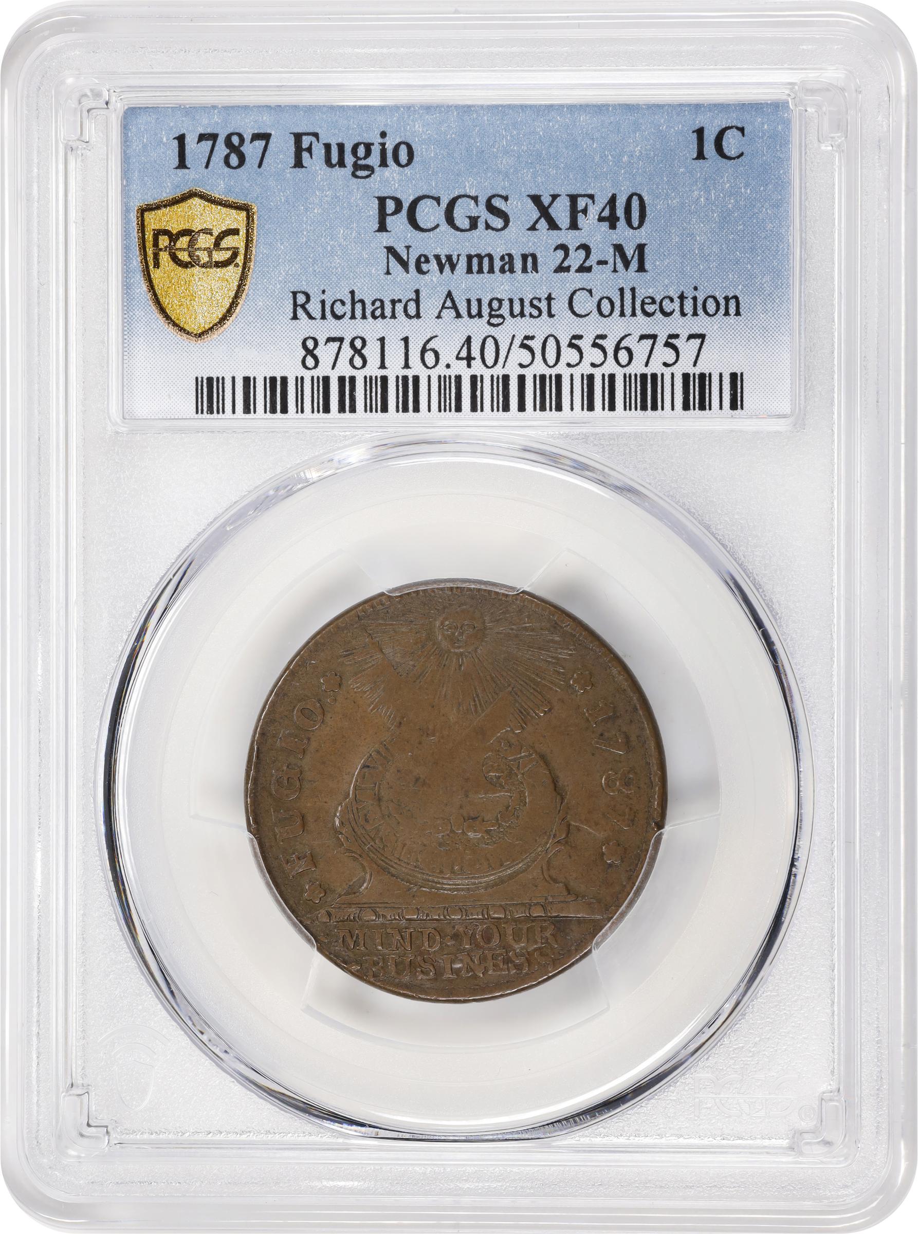 image for: 1787 Fugio Cent. Pointed Rays. Newman 22-M, W-7020. Rarity-4. STATES UNITED, 4 Cinquefoils. EF-40 (PCGS).