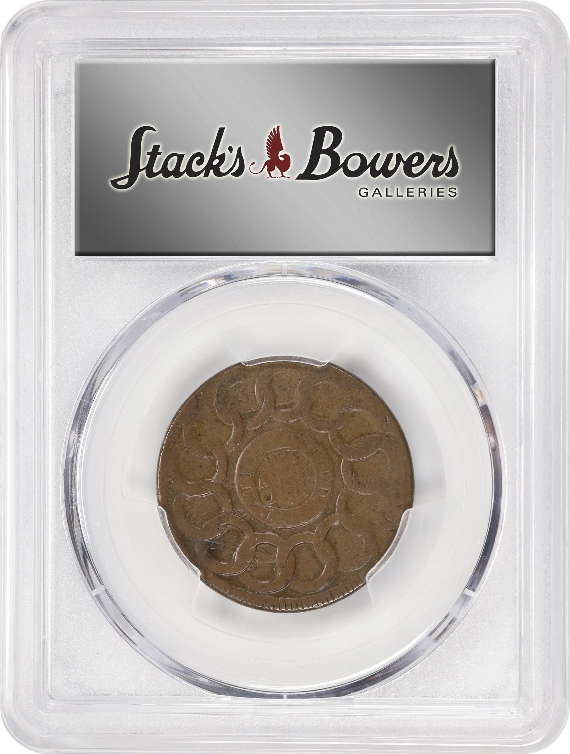 image for: 1787 Fugio Cent. Pointed Rays. Newman 22-M, W-7020. Rarity-4. STATES UNITED, 4 Cinquefoils. EF-40 (PCGS).