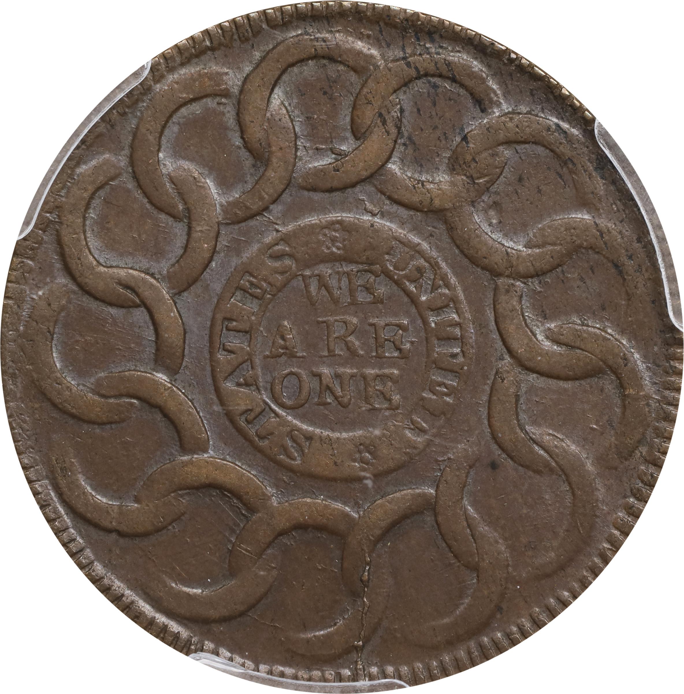 image for: 1787 Fugio Cent. Pointed Rays. Newman 12-X, W-6820. Rarity-2. STATES UNITED, 4 Cinquefoils. MS-63 BN (PCGS). CAC.