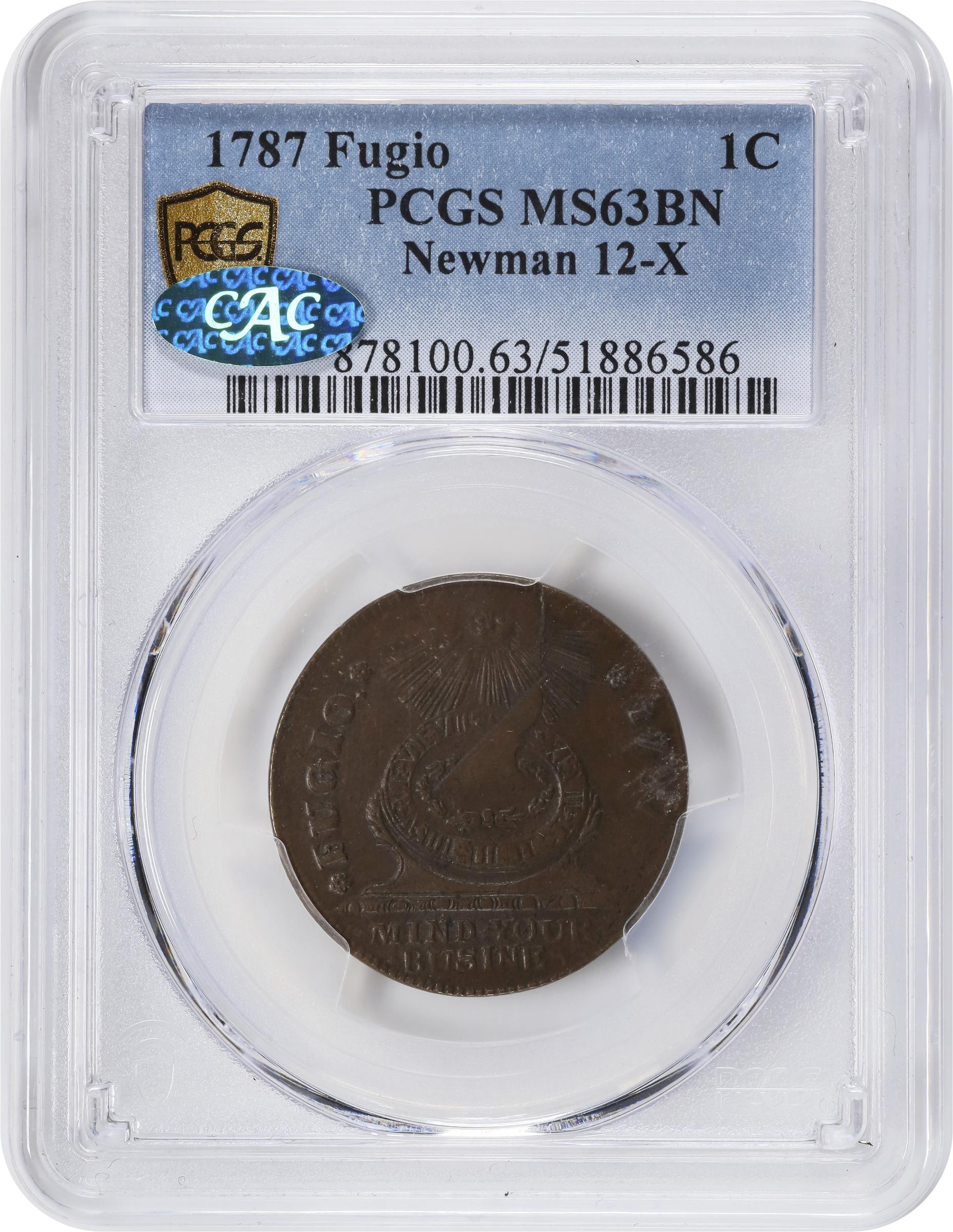 image for: 1787 Fugio Cent. Pointed Rays. Newman 12-X, W-6820. Rarity-2. STATES UNITED, 4 Cinquefoils. MS-63 BN (PCGS). CAC.