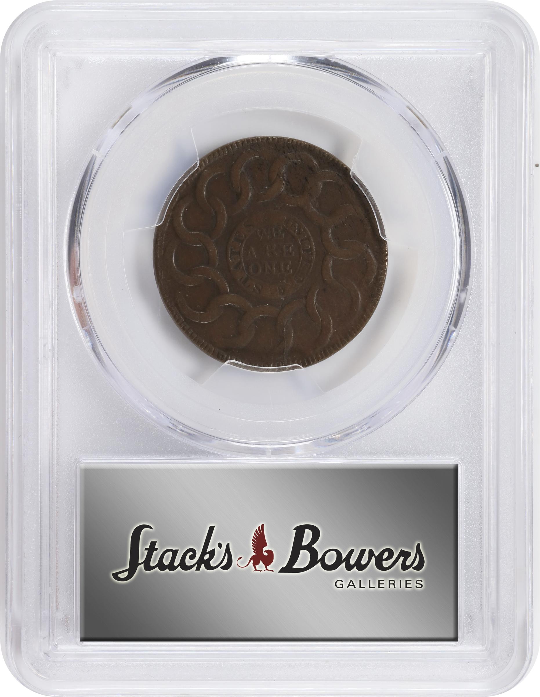 image for: 1787 Fugio Cent. Pointed Rays. Newman 12-X, W-6820. Rarity-2. STATES UNITED, 4 Cinquefoils. MS-63 BN (PCGS). CAC.