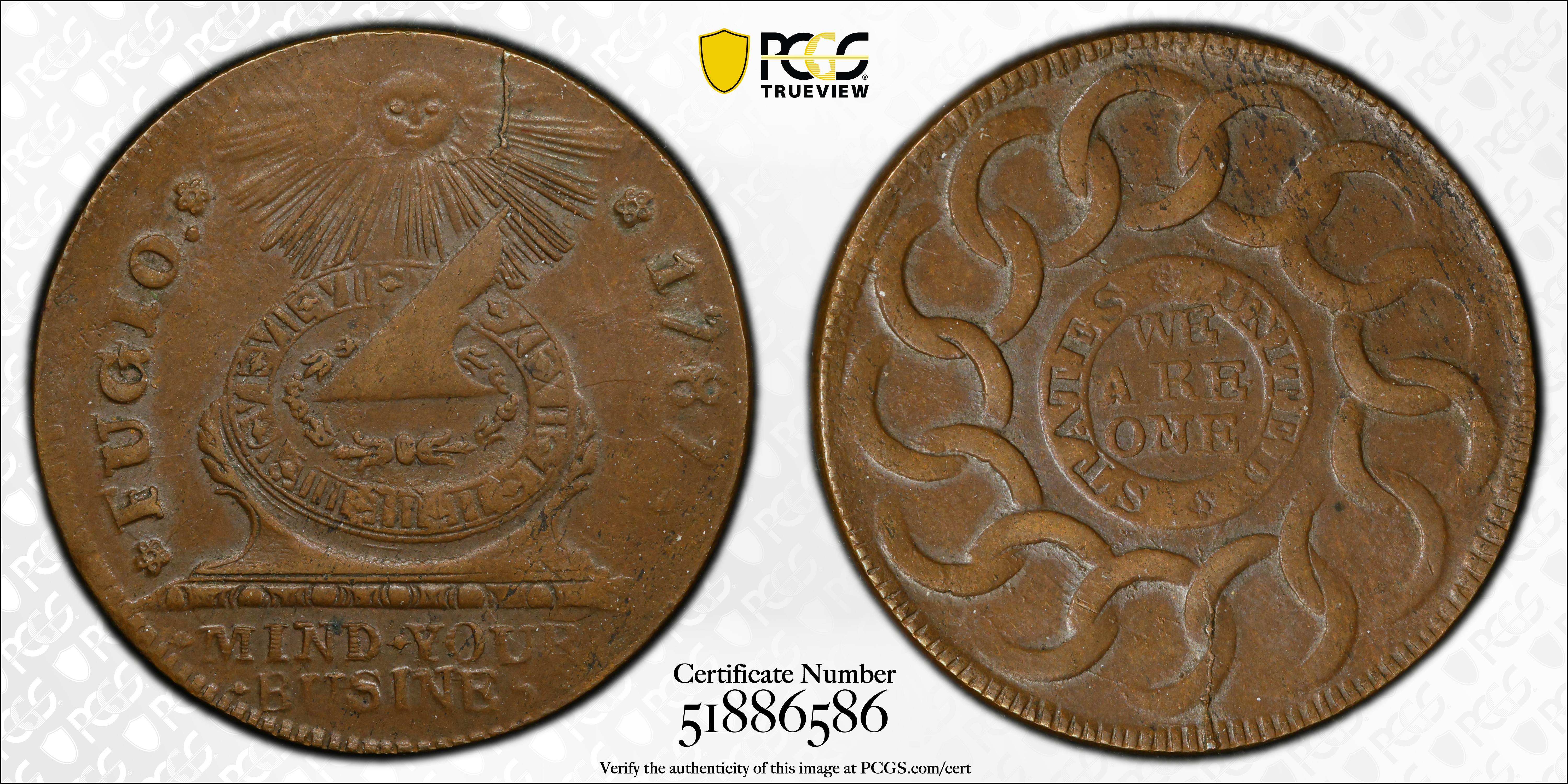 image for: 1787 Fugio Cent. Pointed Rays. Newman 12-X, W-6820. Rarity-2. STATES UNITED, 4 Cinquefoils. MS-63 BN (PCGS). CAC.