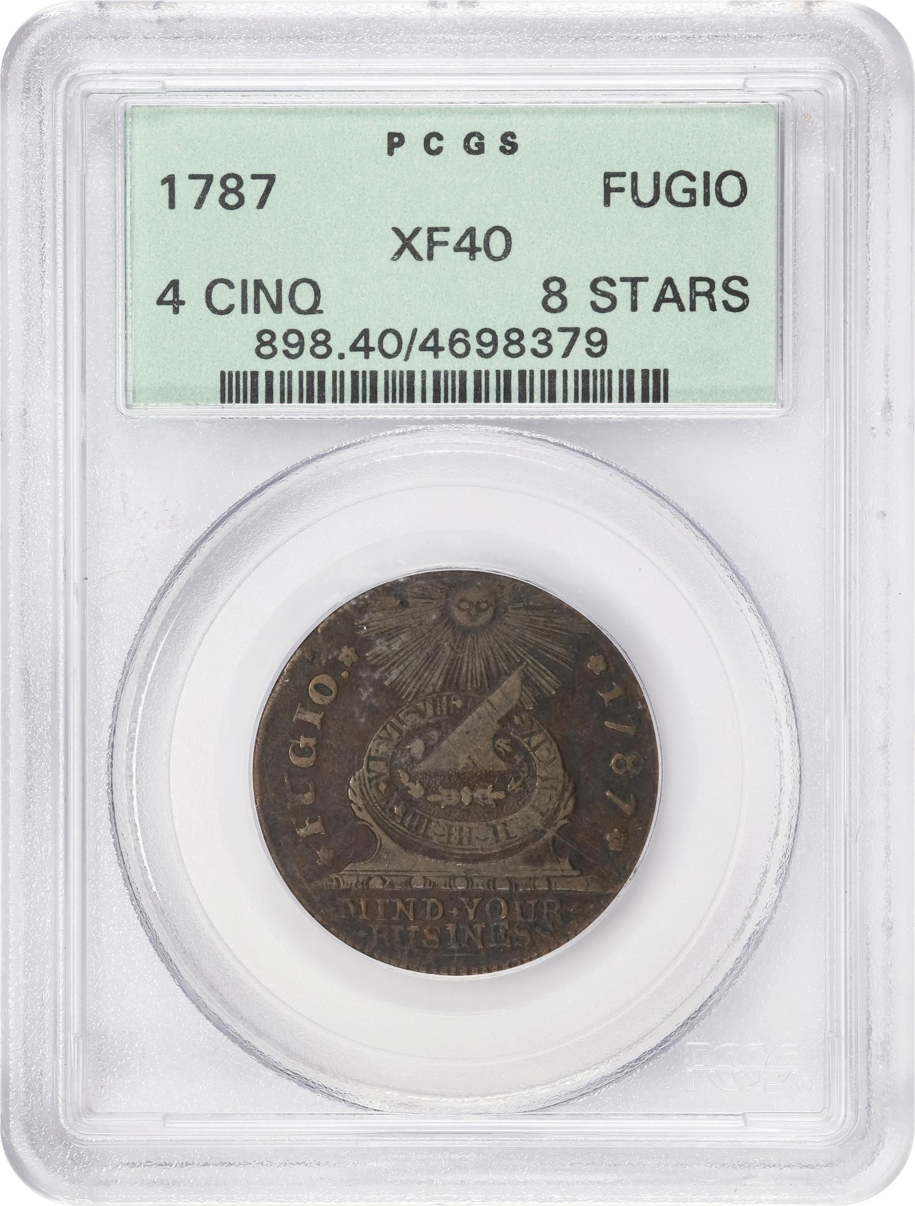 image for: 1787 Fugio Cent. Pointed Rays. Newman 15-Y, W-6915. Rarity-2. STATES UNITED, 4 Cinquefoils, 8-Pointed Stars on Label. EF-40 (PCGS). OGH.