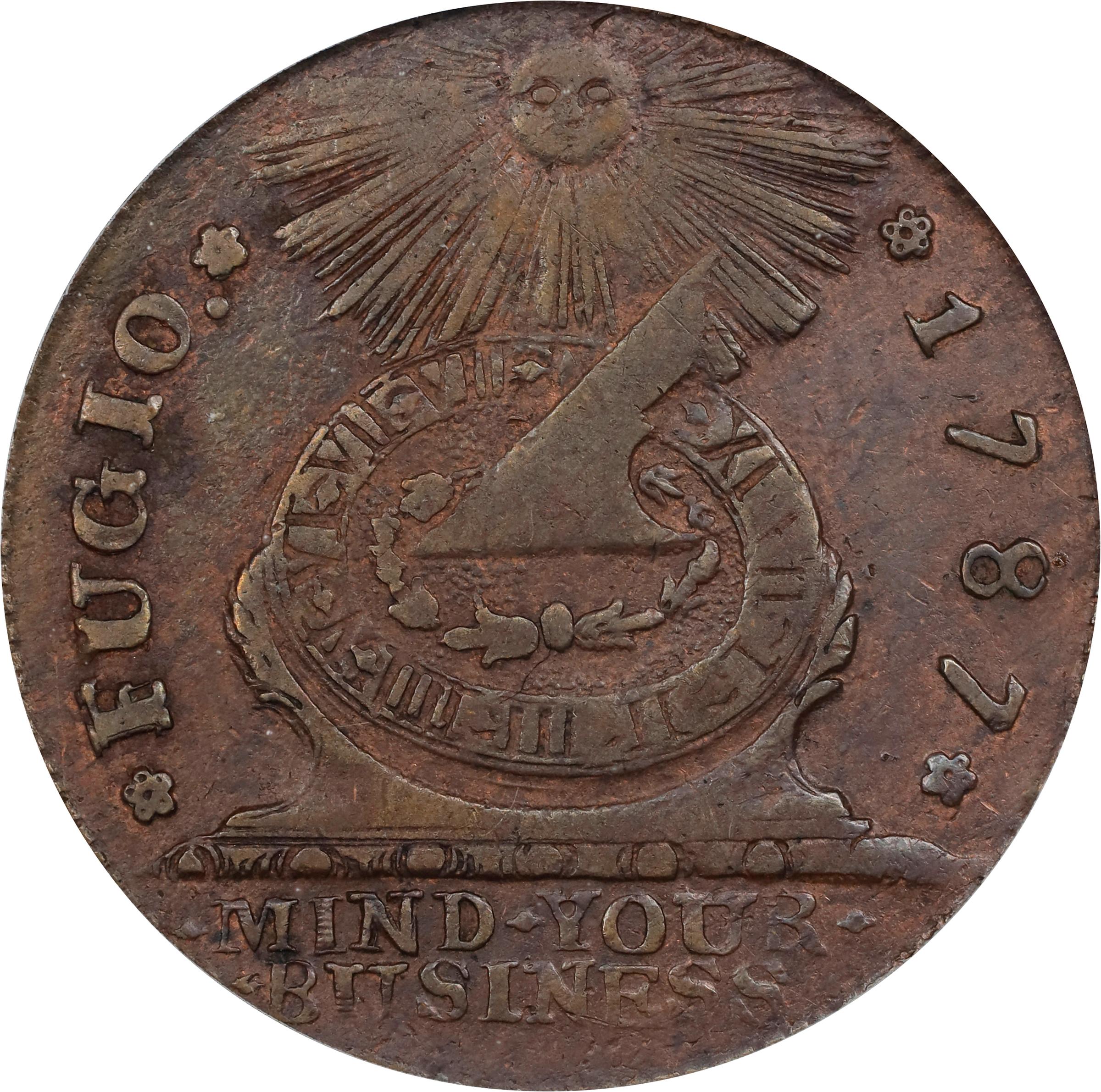 image for: 1787 Fugio Cent. Pointed Rays. Newman 19-Z, W-6975. Rarity-4. STATES UNITED, Label With Raised Rims, Large Letters in WE ARE ONE. EF-45 (PCGS).