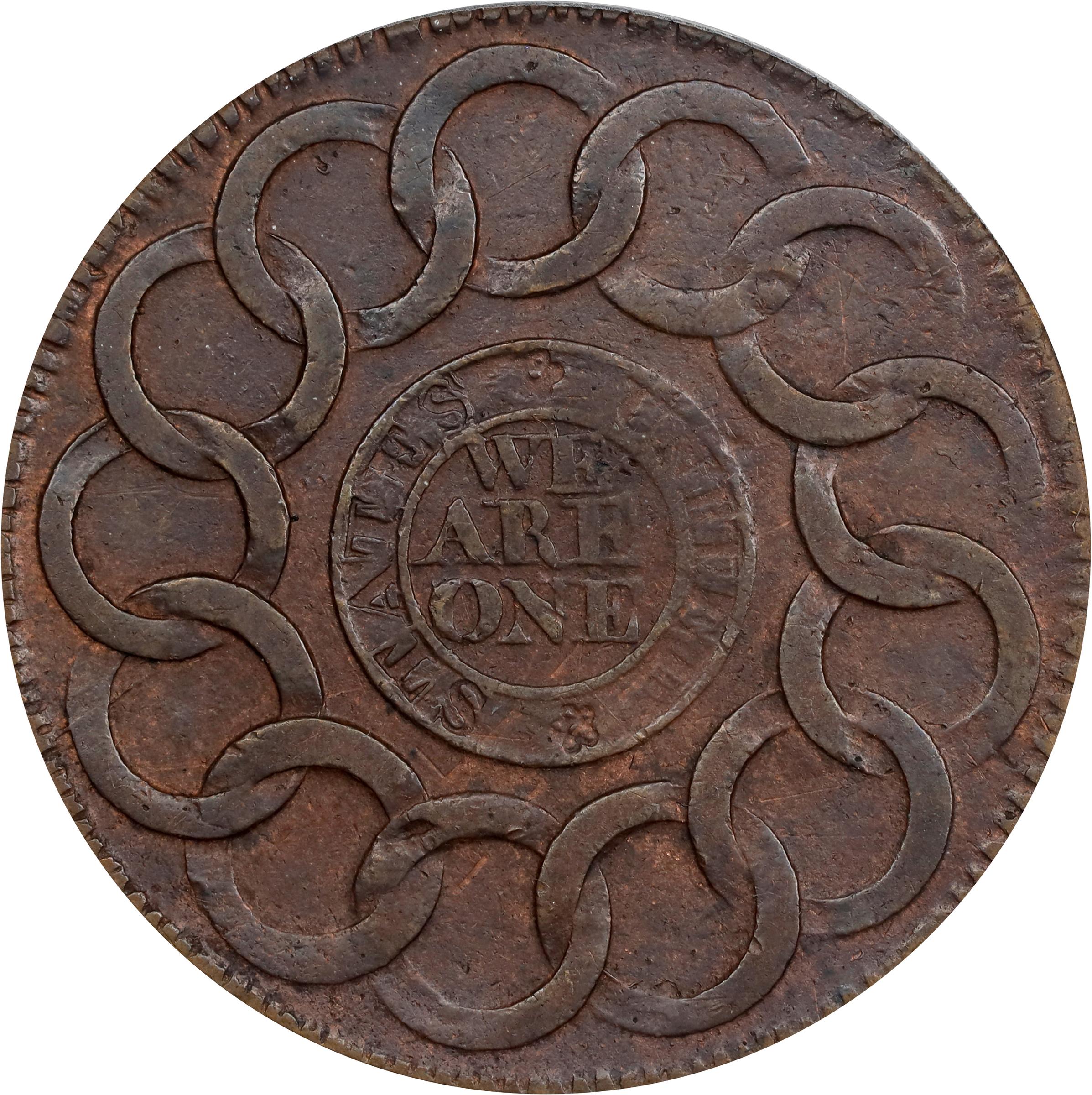 image for: 1787 Fugio Cent. Pointed Rays. Newman 19-Z, W-6975. Rarity-4. STATES UNITED, Label With Raised Rims, Large Letters in WE ARE ONE. EF-45 (PCGS).