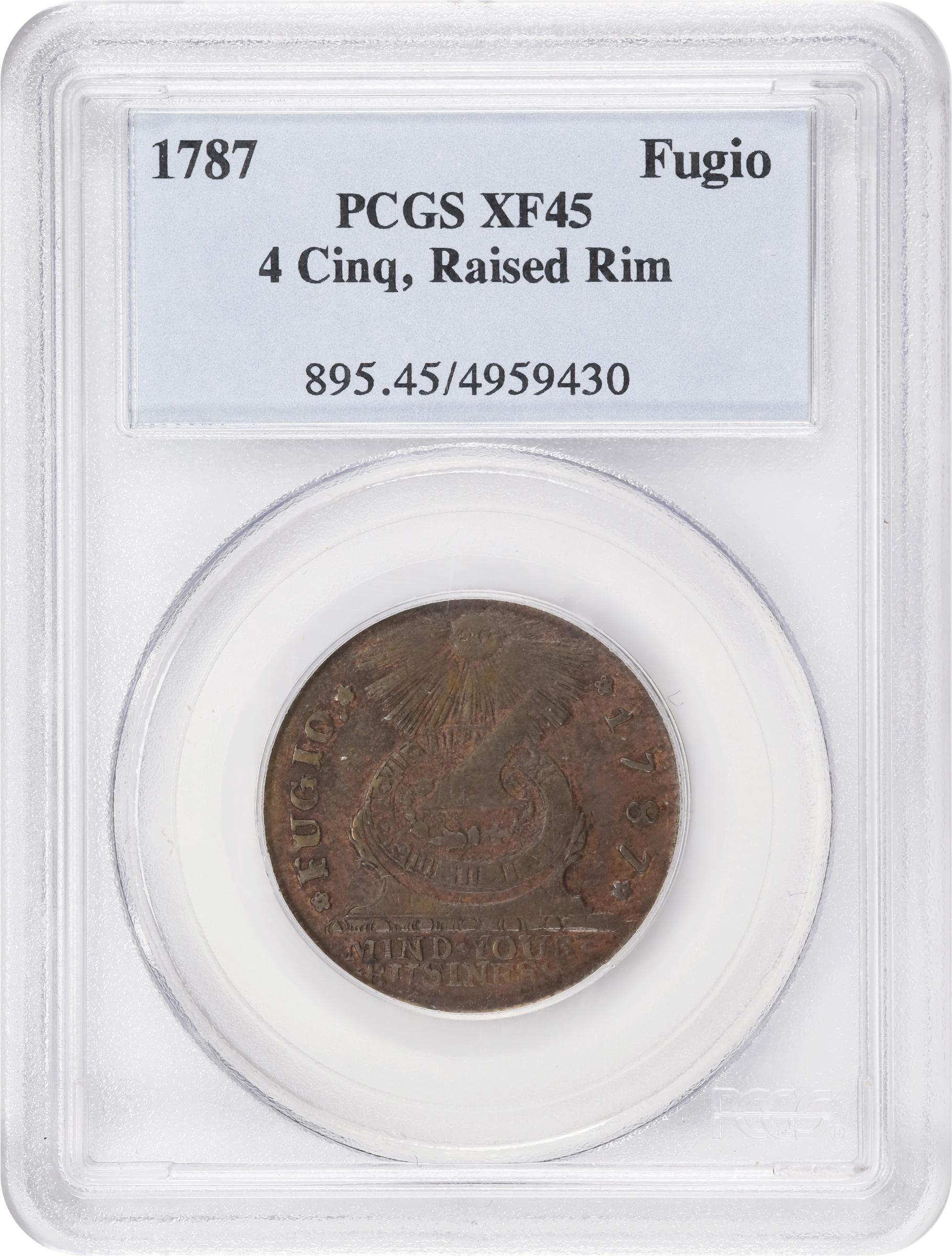 image for: 1787 Fugio Cent. Pointed Rays. Newman 19-Z, W-6975. Rarity-4. STATES UNITED, Label With Raised Rims, Large Letters in WE ARE ONE. EF-45 (PCGS).