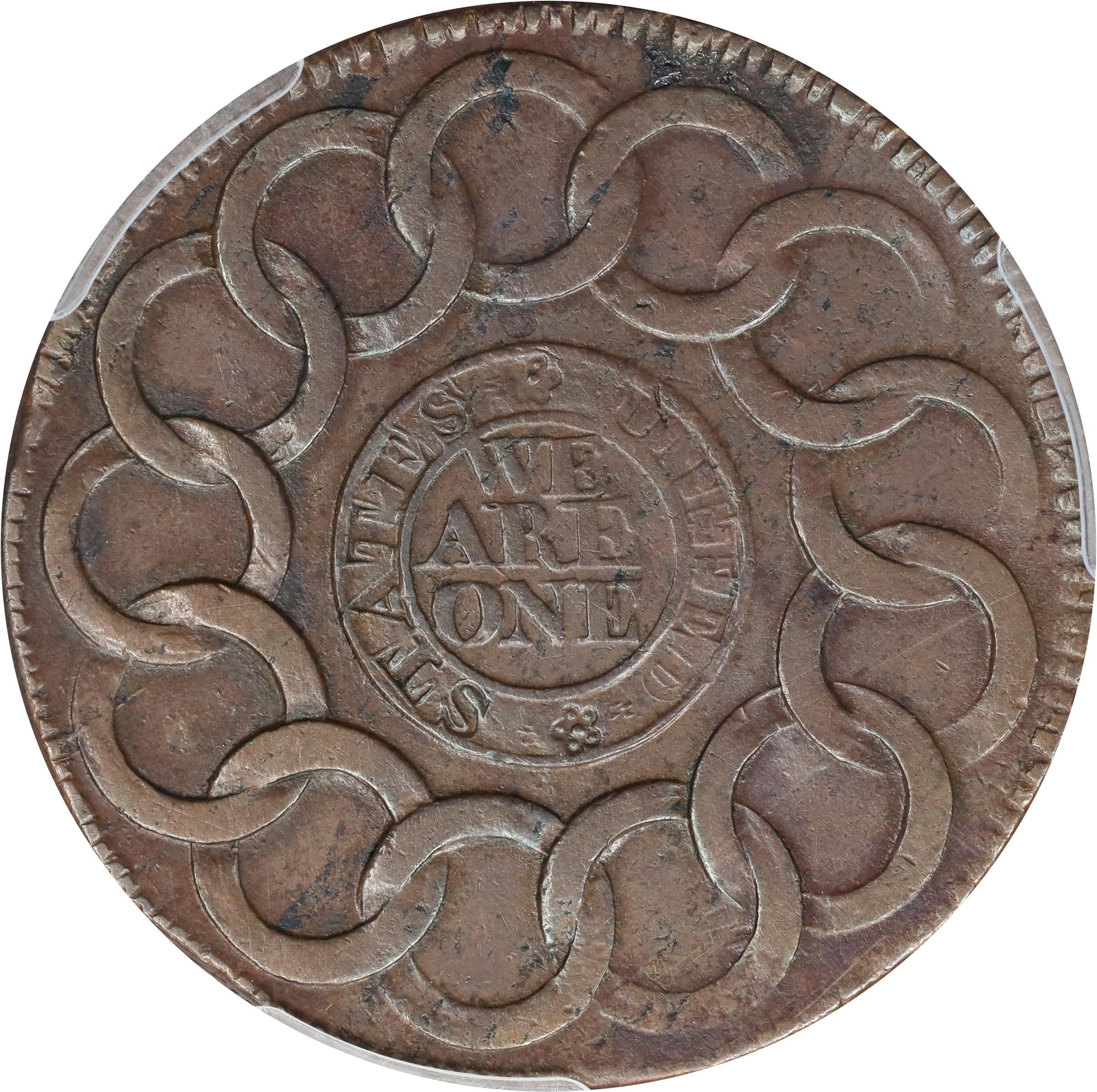 image for: 1787 Fugio Cent. Pointed Rays. Newman 19-Z, W-6975. Rarity-5. STATES UNITED, Label With Raised Rims, Large Letters in WE ARE ONE. EF-45 (PCGS).