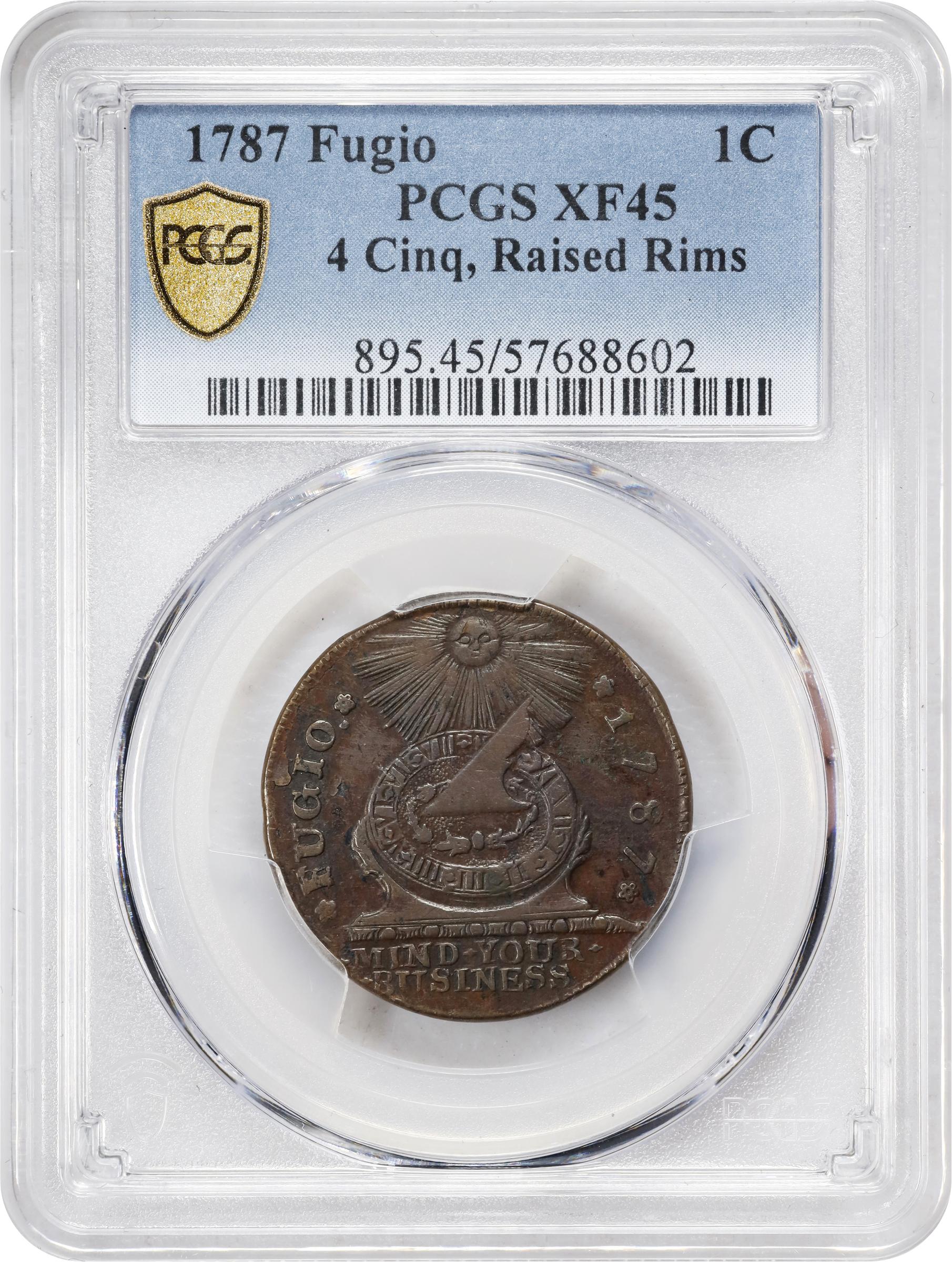 image for: 1787 Fugio Cent. Pointed Rays. Newman 19-Z, W-6975. Rarity-5. STATES UNITED, Label With Raised Rims, Large Letters in WE ARE ONE. EF-45 (PCGS).