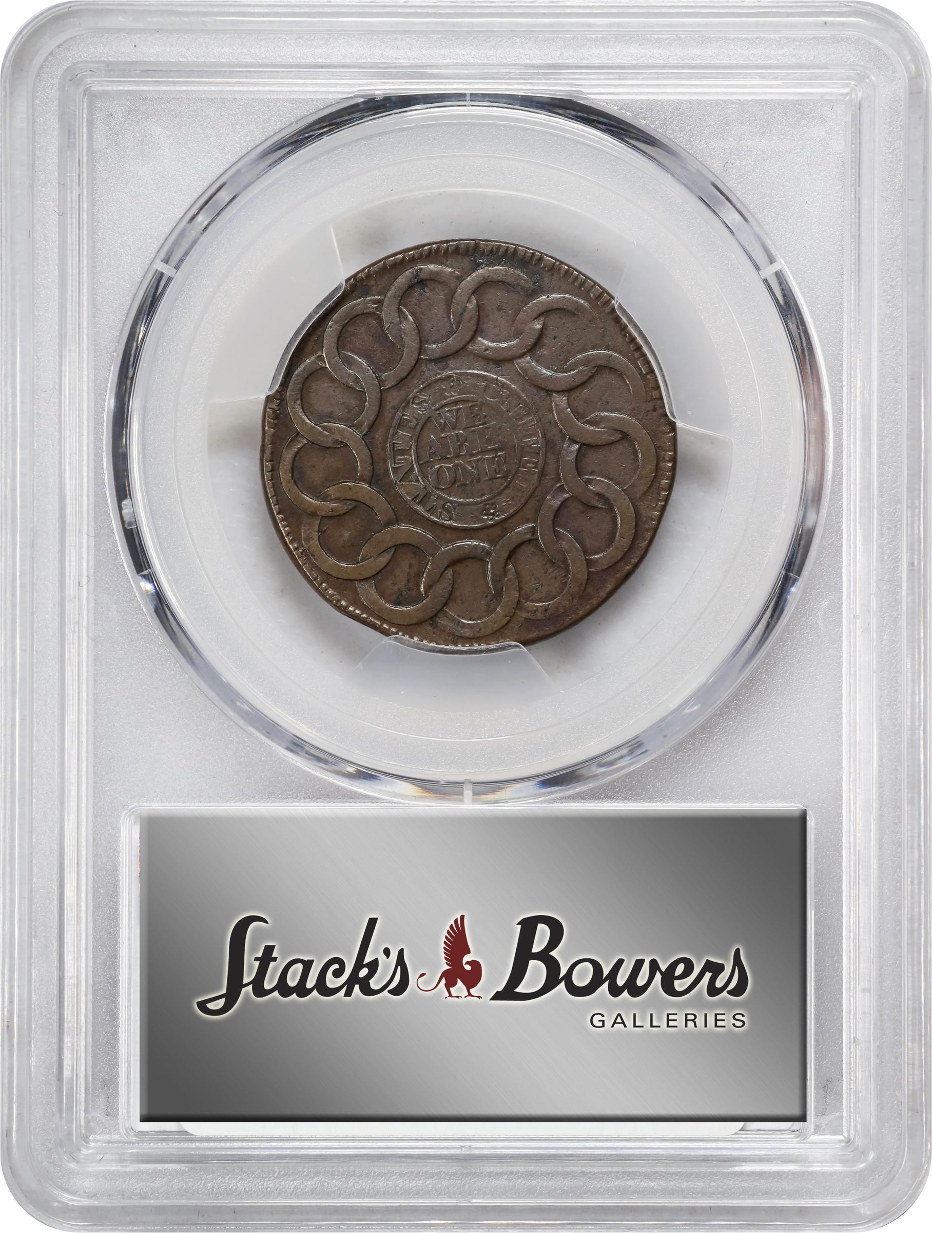 image for: 1787 Fugio Cent. Pointed Rays. Newman 19-Z, W-6975. Rarity-5. STATES UNITED, Label With Raised Rims, Large Letters in WE ARE ONE. EF-45 (PCGS).