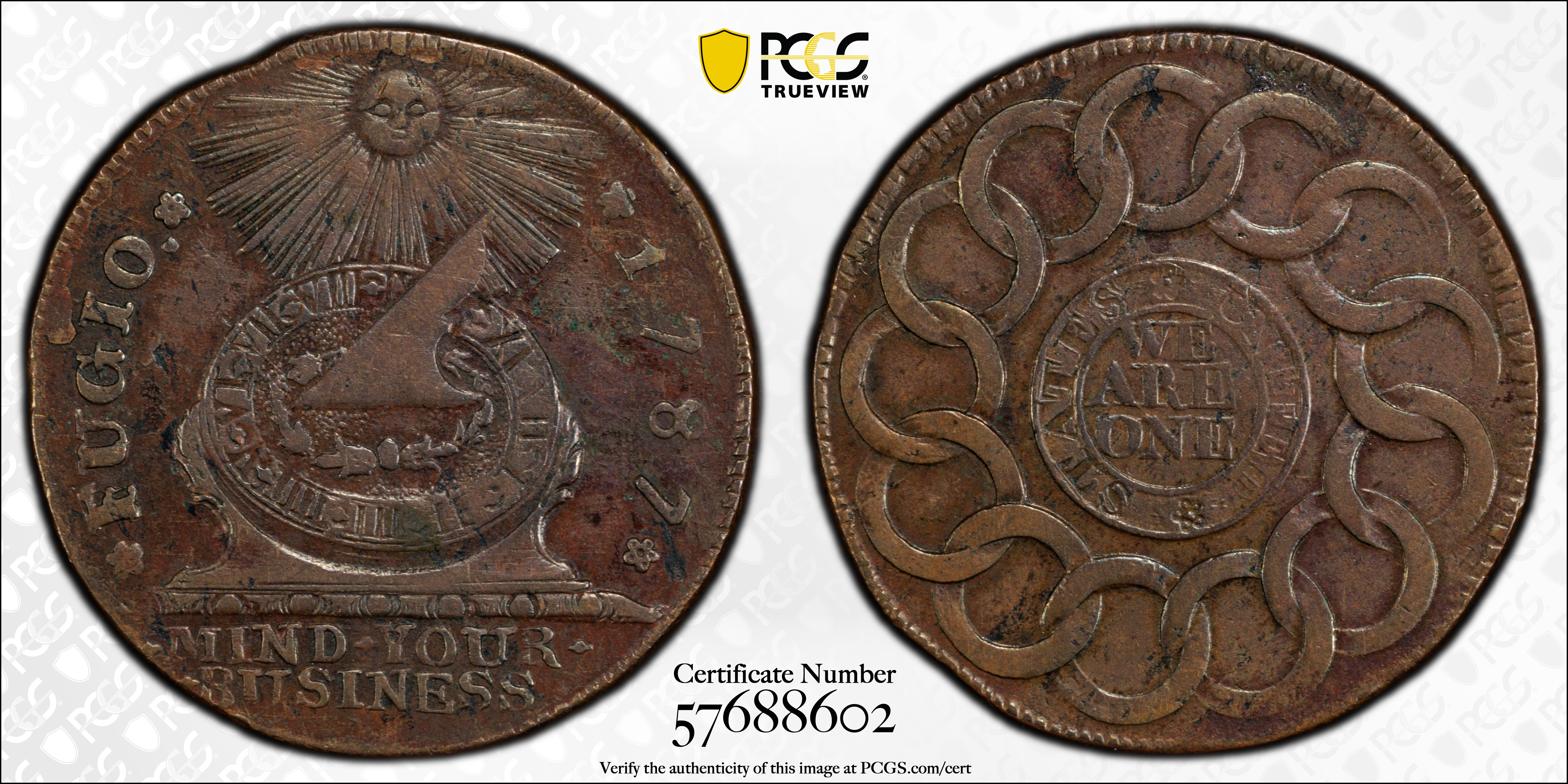 image for: 1787 Fugio Cent. Pointed Rays. Newman 19-Z, W-6975. Rarity-5. STATES UNITED, Label With Raised Rims, Large Letters in WE ARE ONE. EF-45 (PCGS).