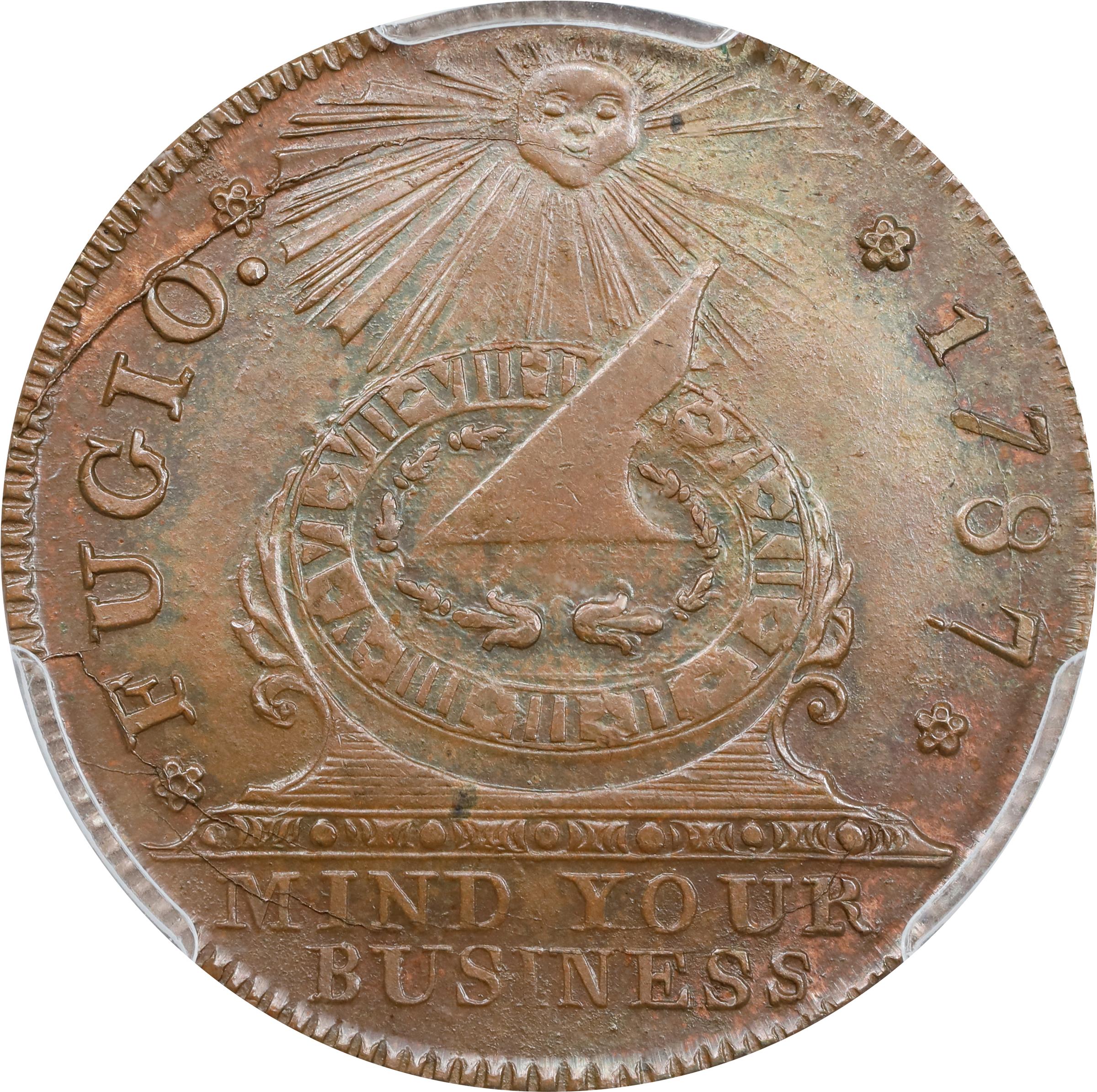 image for: "1787" (ca. 1882/1883) Fugio Cent. "New Haven Restrike," J. Colvin Randall Strike. Newman 104-FF, W-17560. Rarity-3. Copper. MS-64 BN (PCGS).